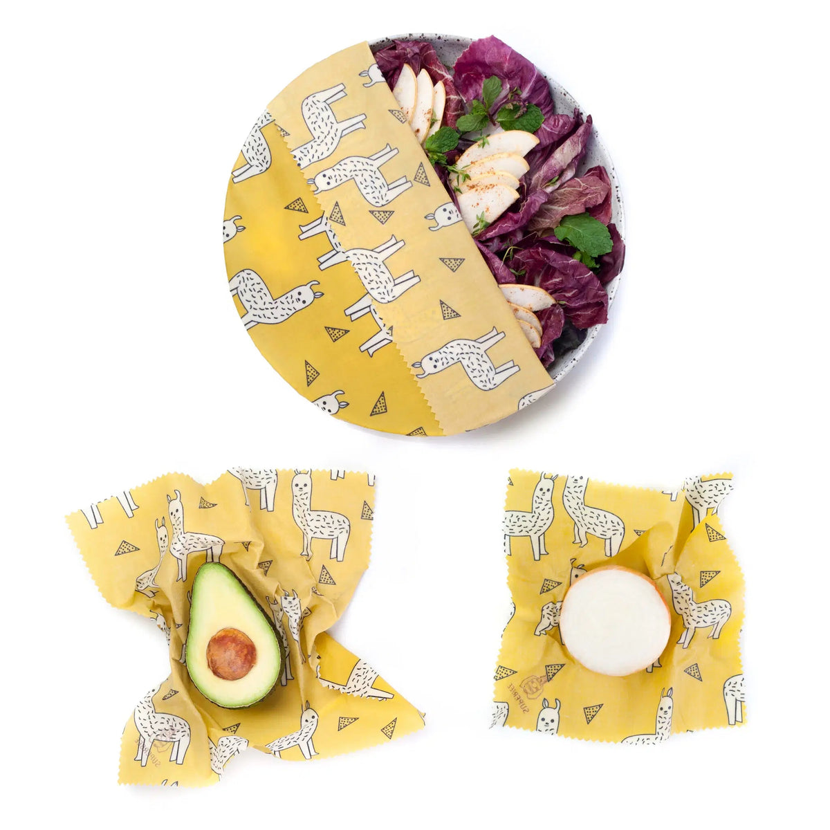SuperBee Australia beeswax wrap set in yellow with white alpaca print covering a bowl, avocado, and onion.