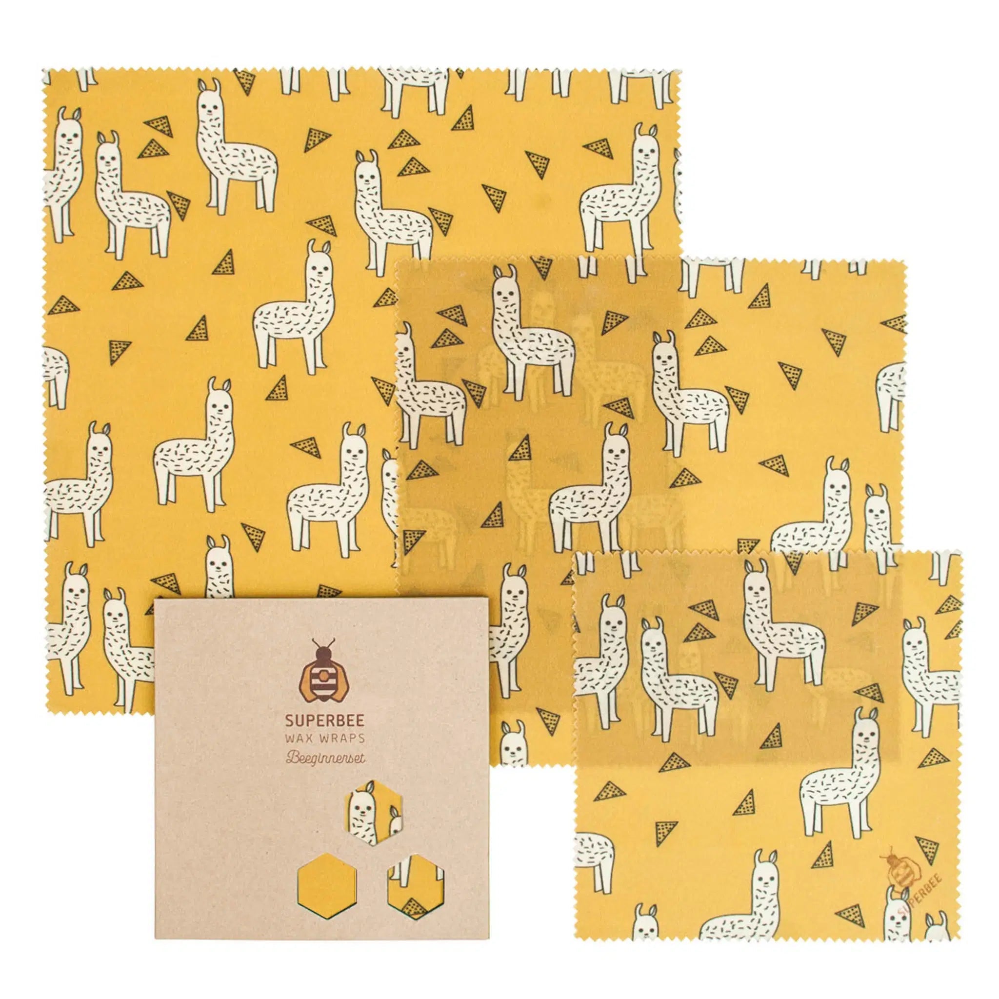 SuperBee Australia beeswax wrap beeginner set featuring yellow wraps with a cute white alpaca and triangle pattern.