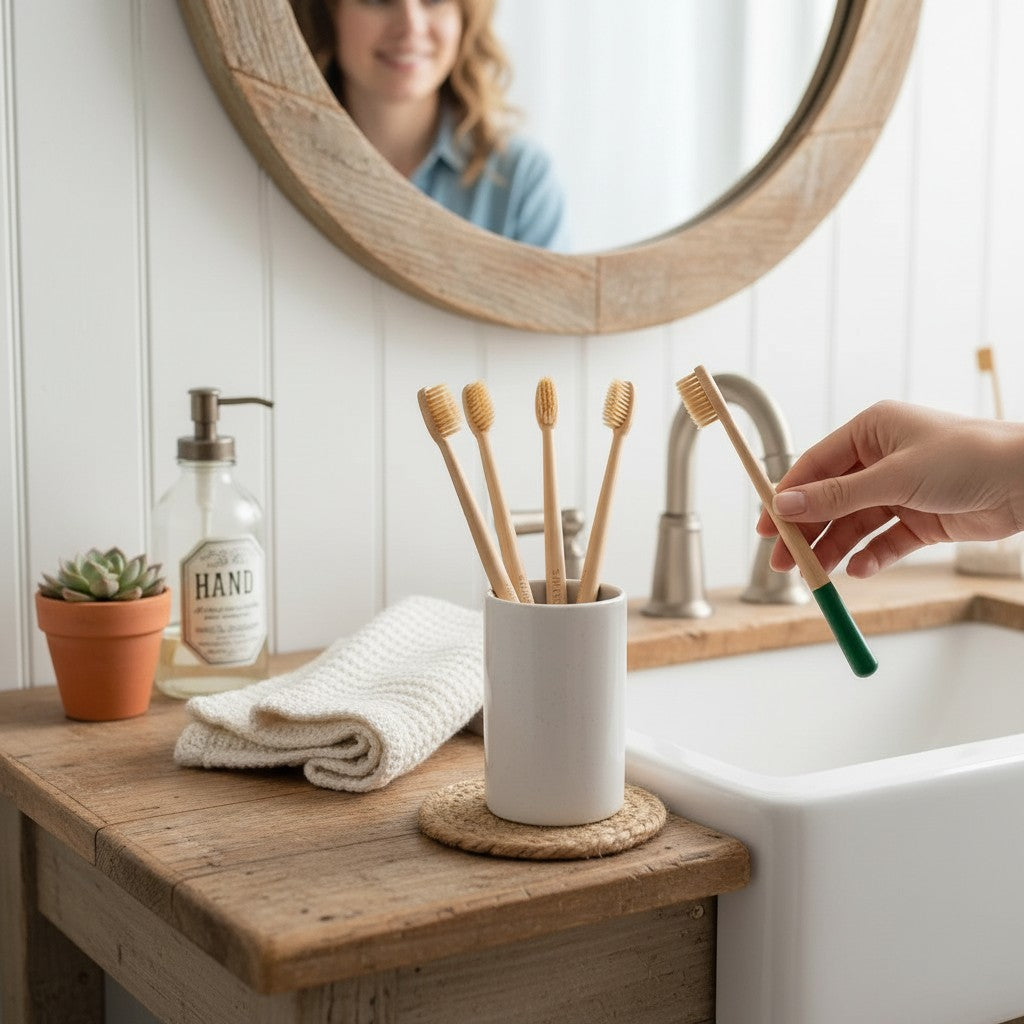SuperBee Australia bamboo toothbrush with green handle held by hand in a bright, eco-friendly bathroom setting