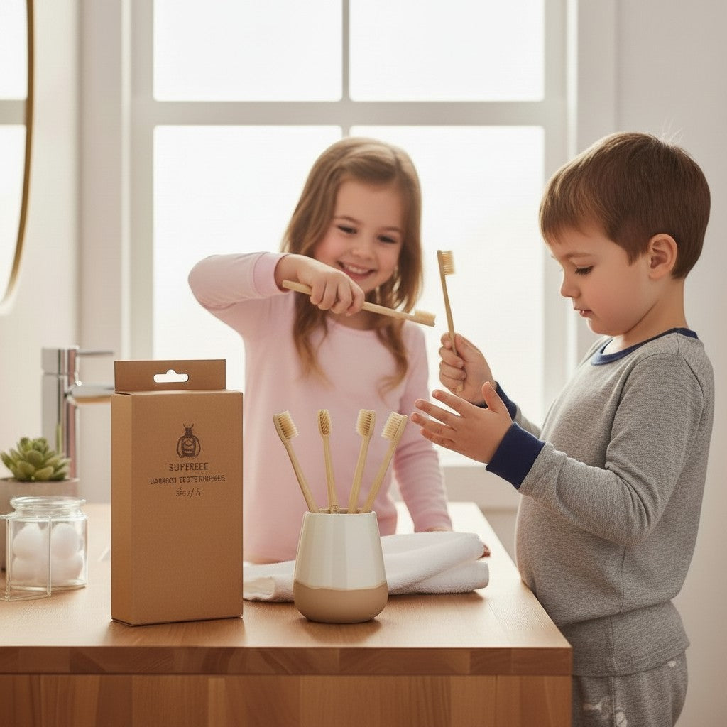 SuperBee Australia bamboo toothbrushes in a holder with two children brushing their teeth in a bright bathroom