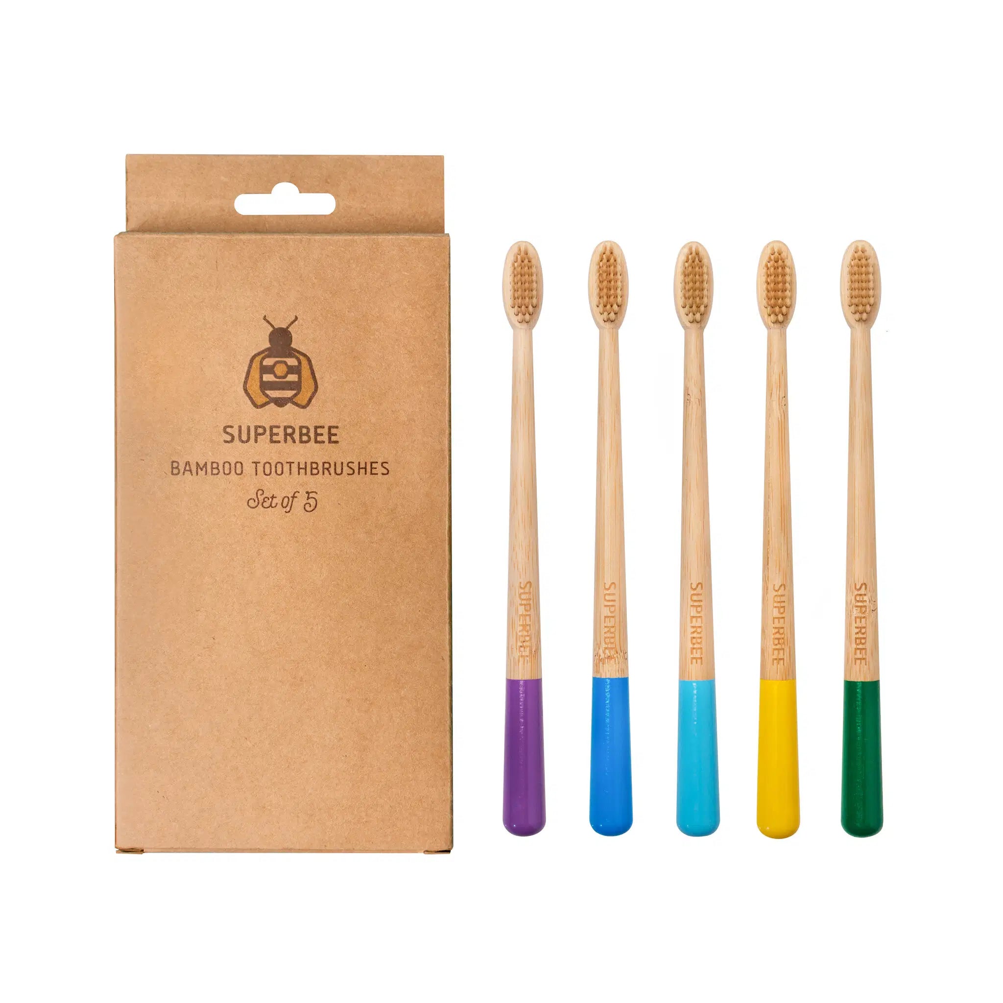 SuperBee Australia 5-pack of bamboo toothbrushes with colourful handles and BPA-free bristles in eco-friendly box.