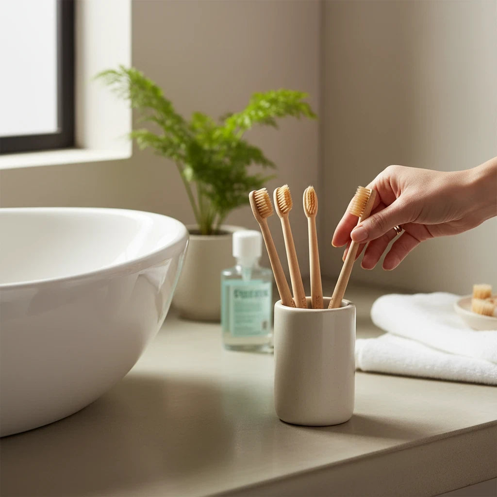 SuperBee Australia bamboo toothbrushes with BPA-free bristles in a ceramic holder on a bathroom vanity