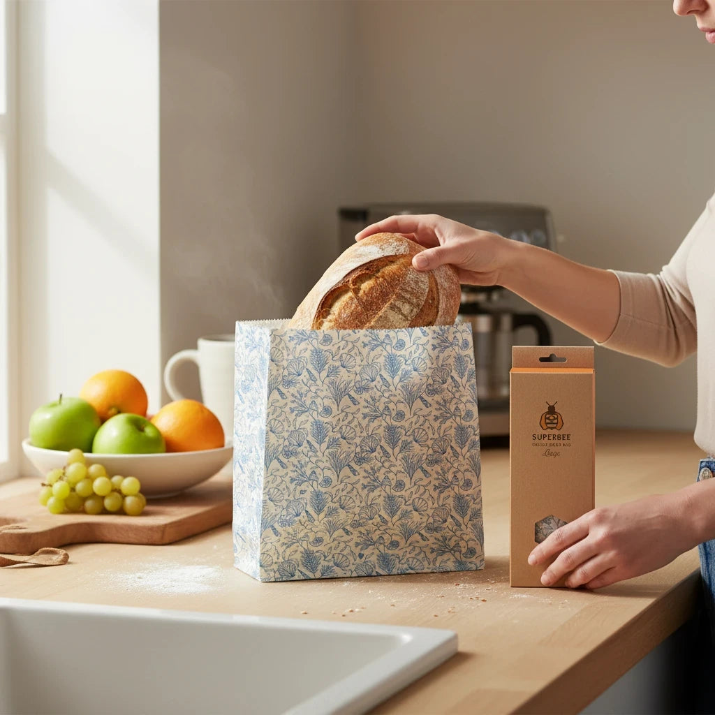 SuperBee Australia large reusable beeswax bread bag in sea floor blue floral print being used in a kitchen