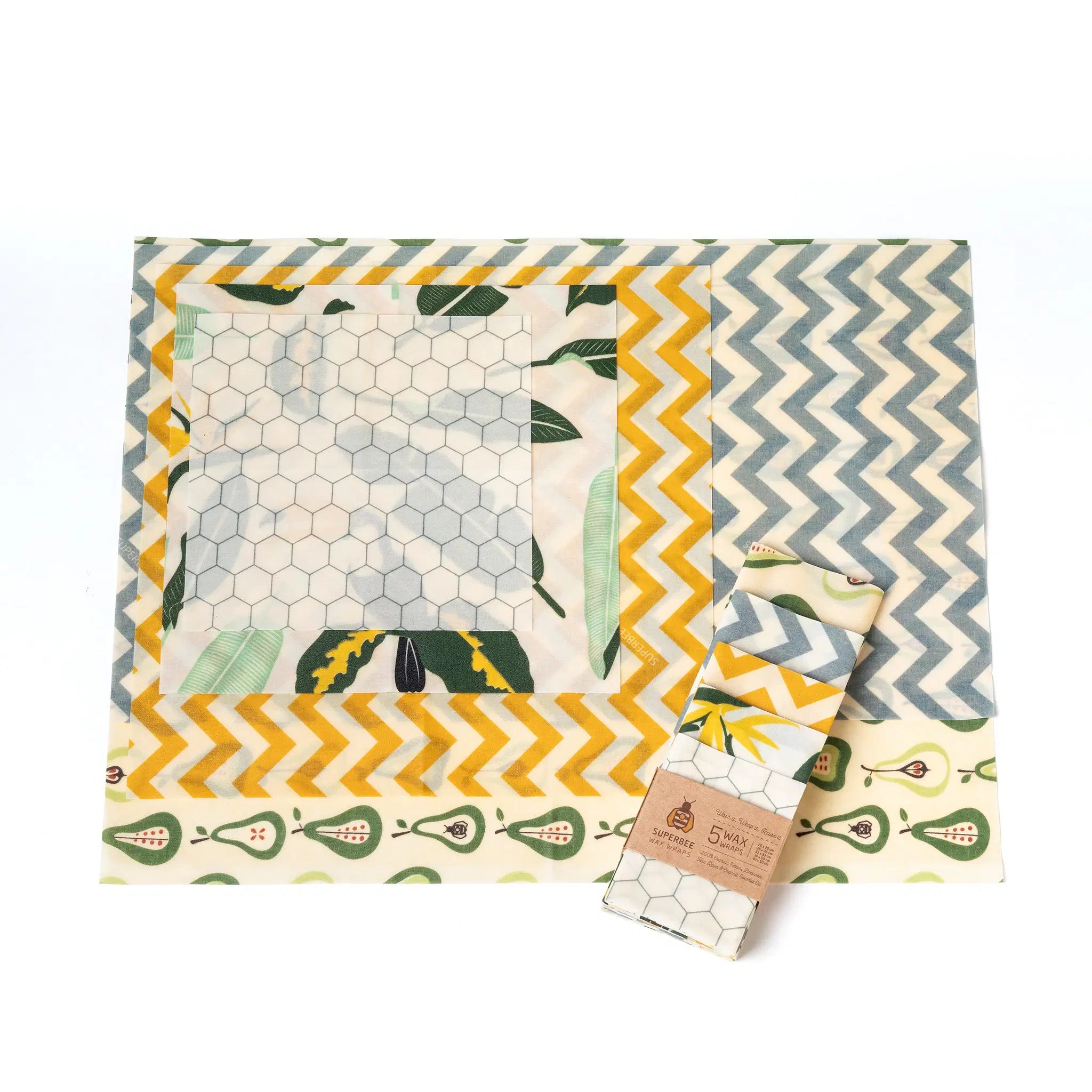 SuperBee Australia reusable beeswax food wraps in a 5-pack with mixed botanical, chevron, and honeycomb patterns.