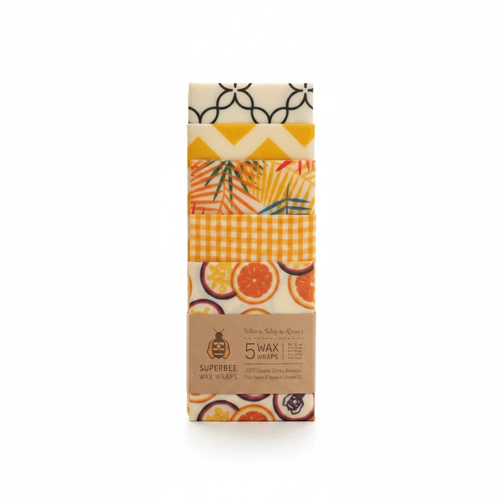 SuperBee Australia 5-pack of reusable beeswax food wraps featuring assorted colourful fruit and geometric patterns.