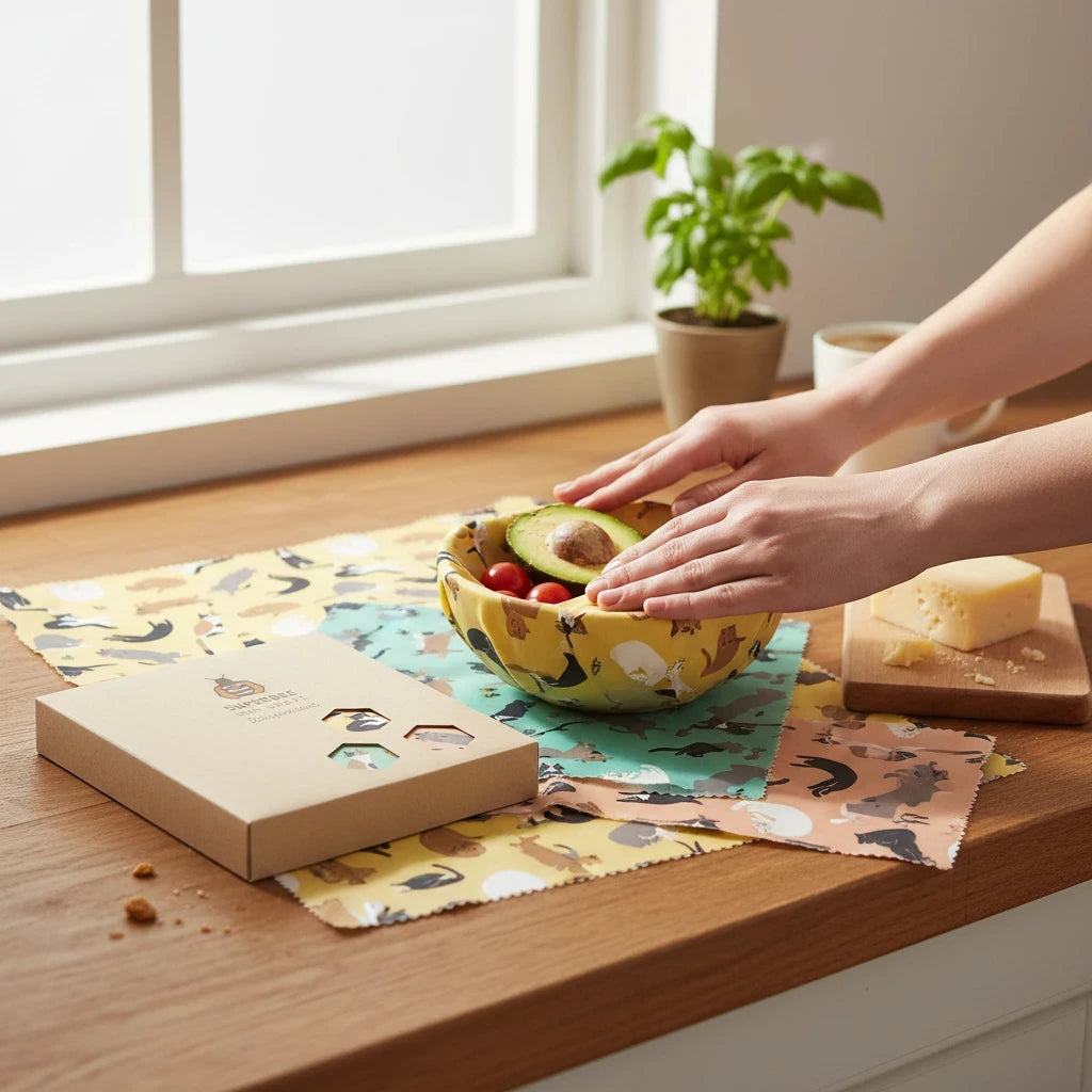 SuperBee Australia beeswax wrap set with cat patterns, covering a bowl of avocado and tomatoes on a wooden kitchen table