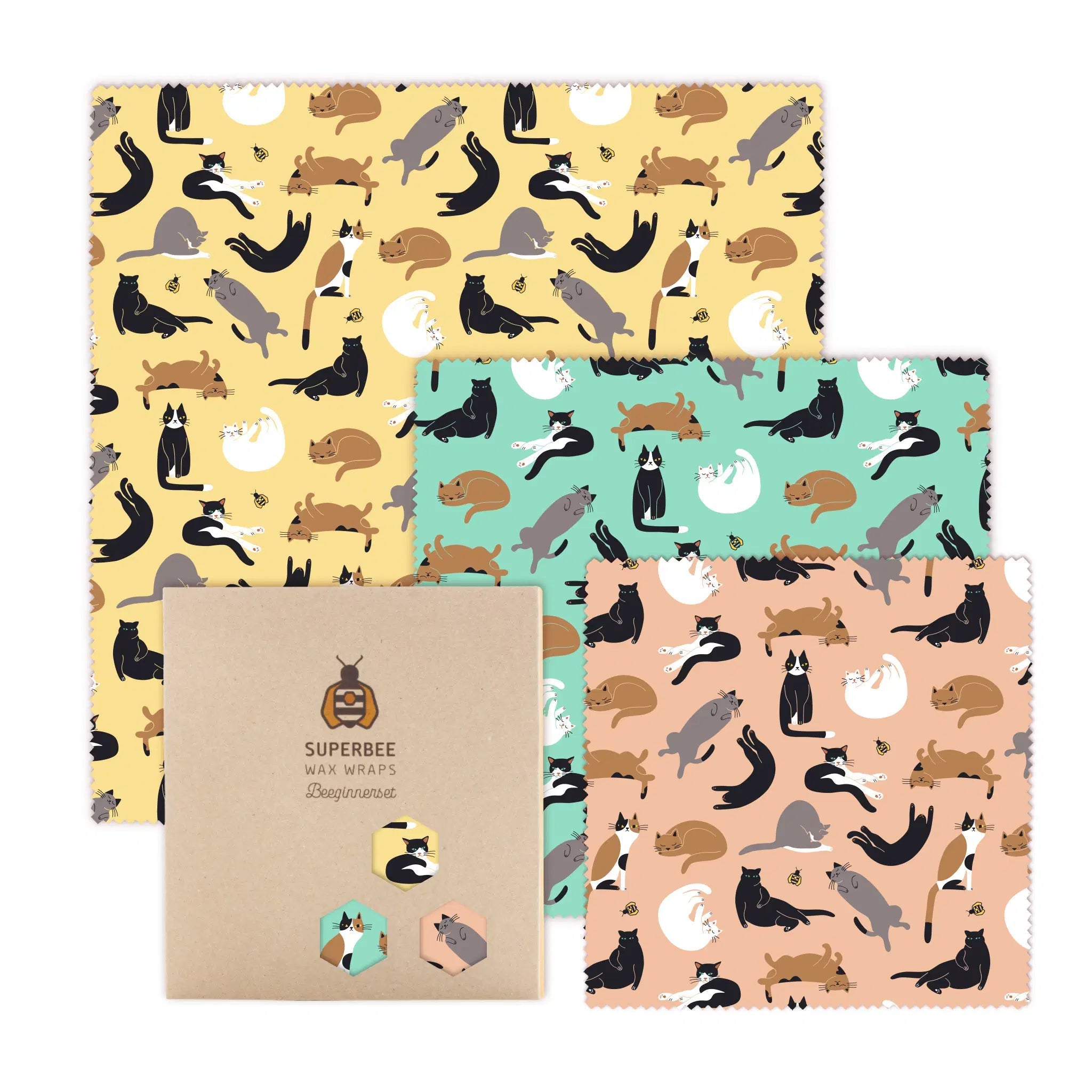 SuperBee Australia beeswax wrap Beeginner set featuring three reusable food wraps with cute cat patterns in various colors