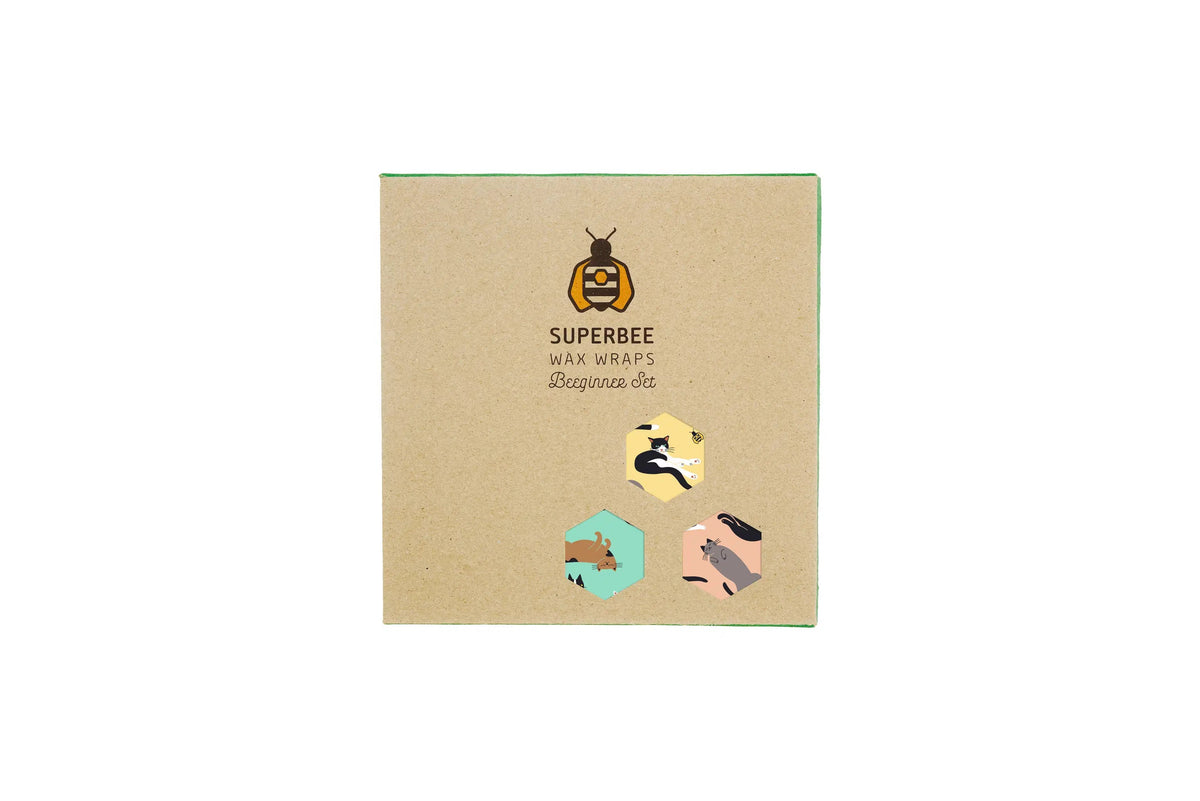 SuperBee Australia Beeginner Set beeswax wraps in a cardboard box featuring cute cat illustrations.