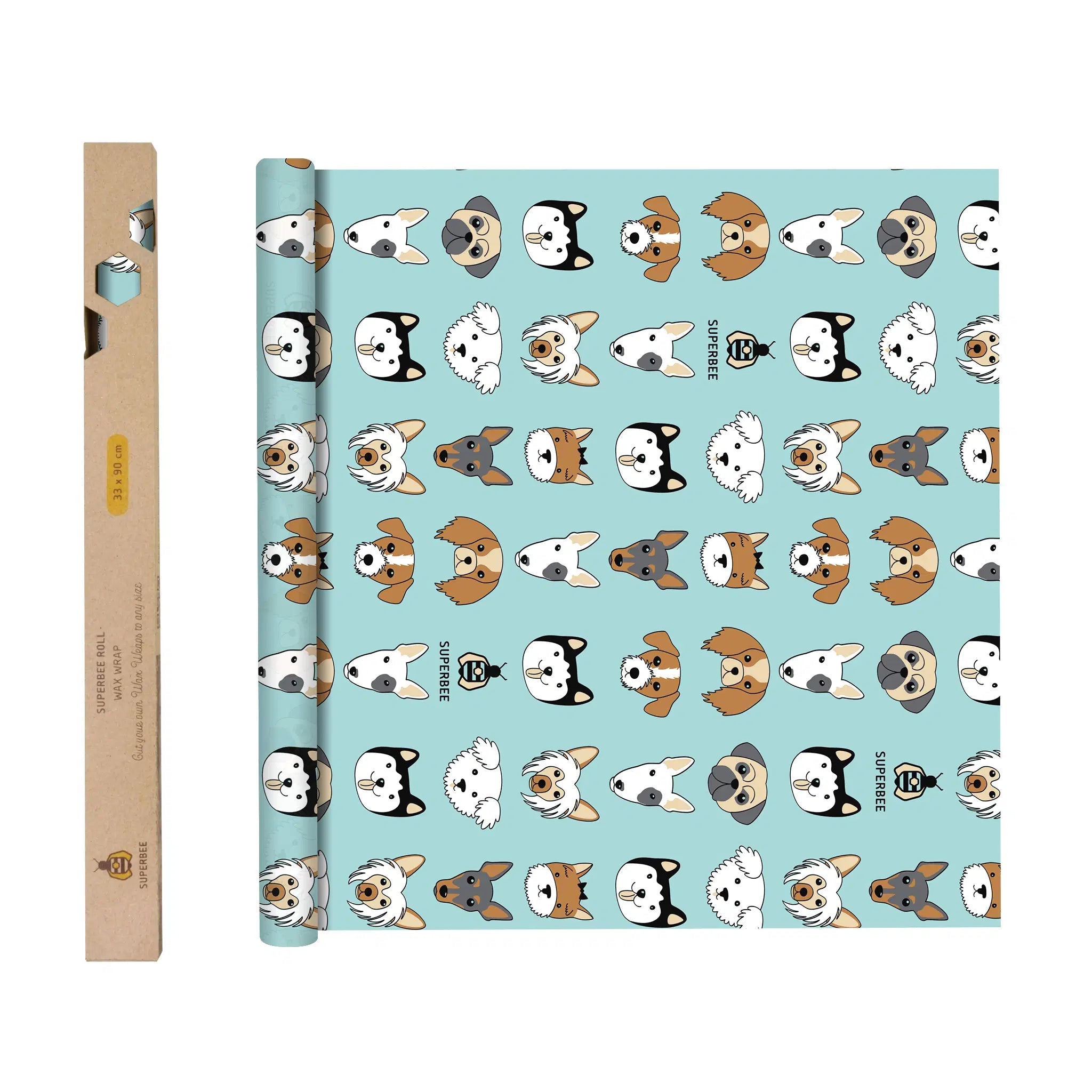 SuperBee Australia beeswax wrap roll featuring a light blue background with a repeating pattern of various dog breeds.