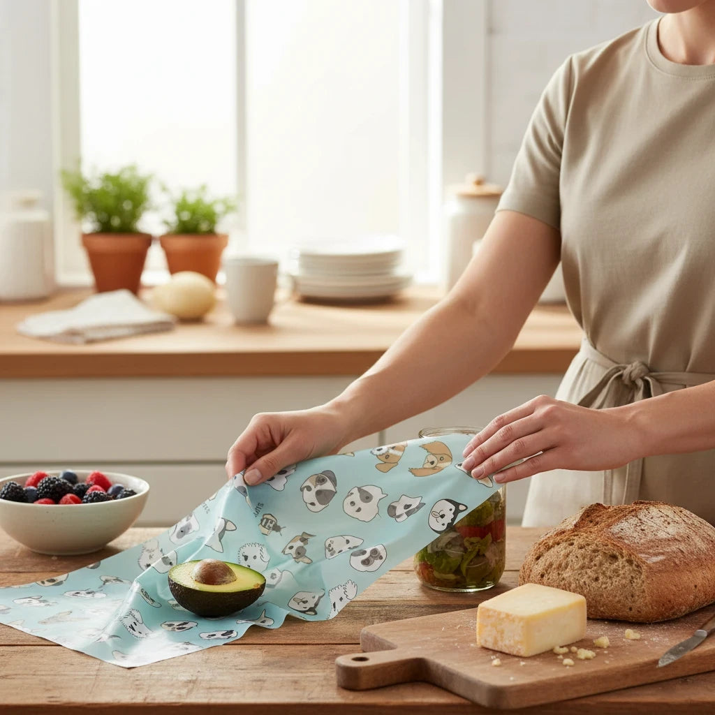 SuperBee Australia beeswax wrap roll with cute dog pattern covering a glass jar on a wooden kitchen counter