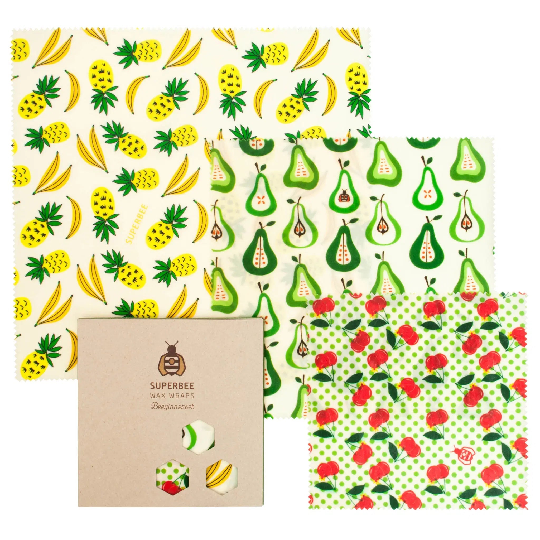 SuperBee Australia Beeginner Set of three beeswax wraps featuring pineapple, pear, and cherry fruit patterns.