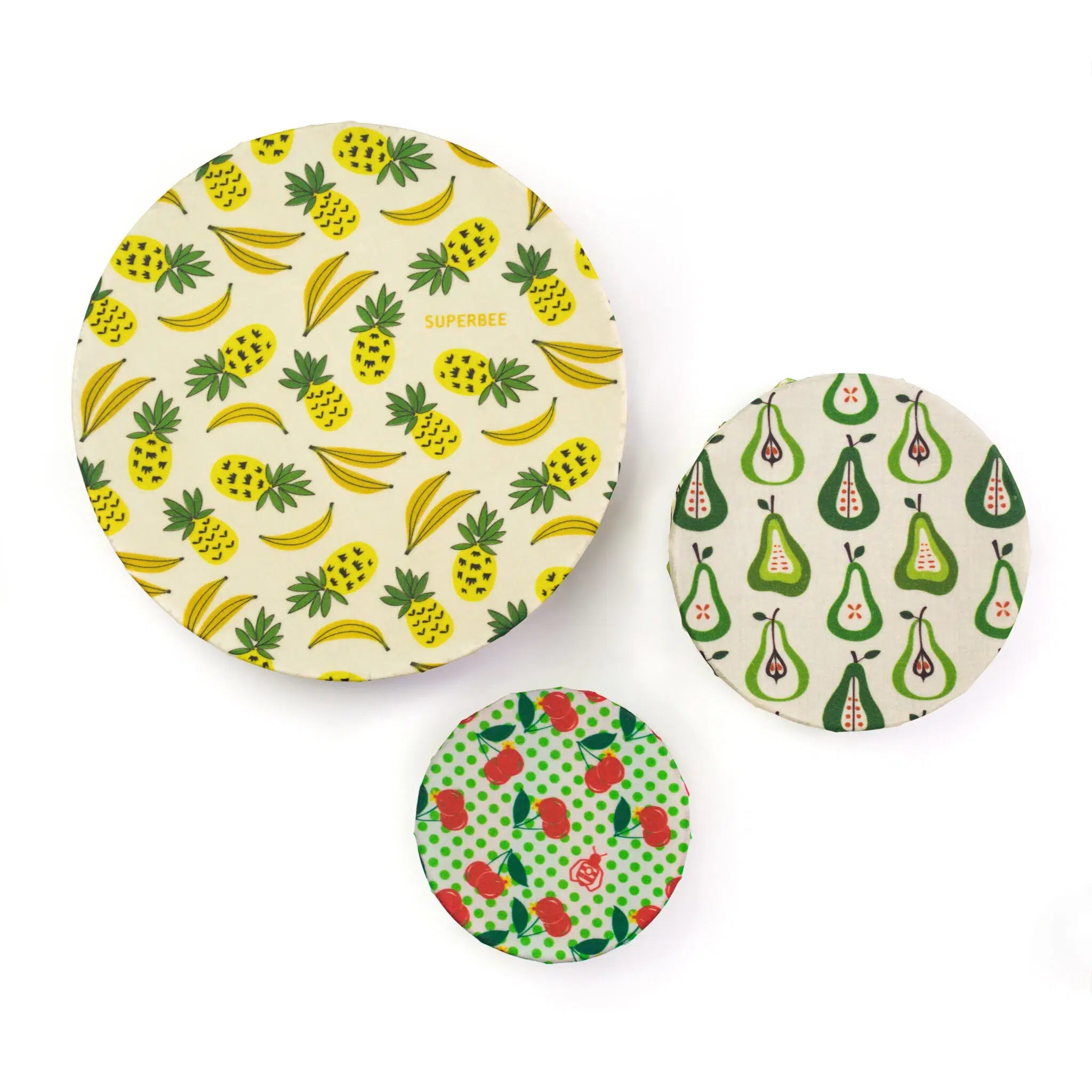 SuperBee Australia beeswax wrap set in three sizes with pineapple, banana, pear, and cherry fruit patterns