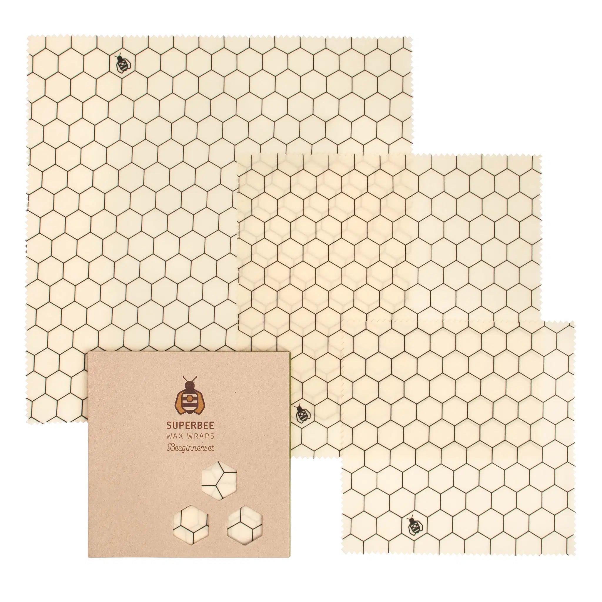 SuperBee Australia beeswax wrap Beeginner set with three reusable sheets featuring a beige honeycomb pattern.