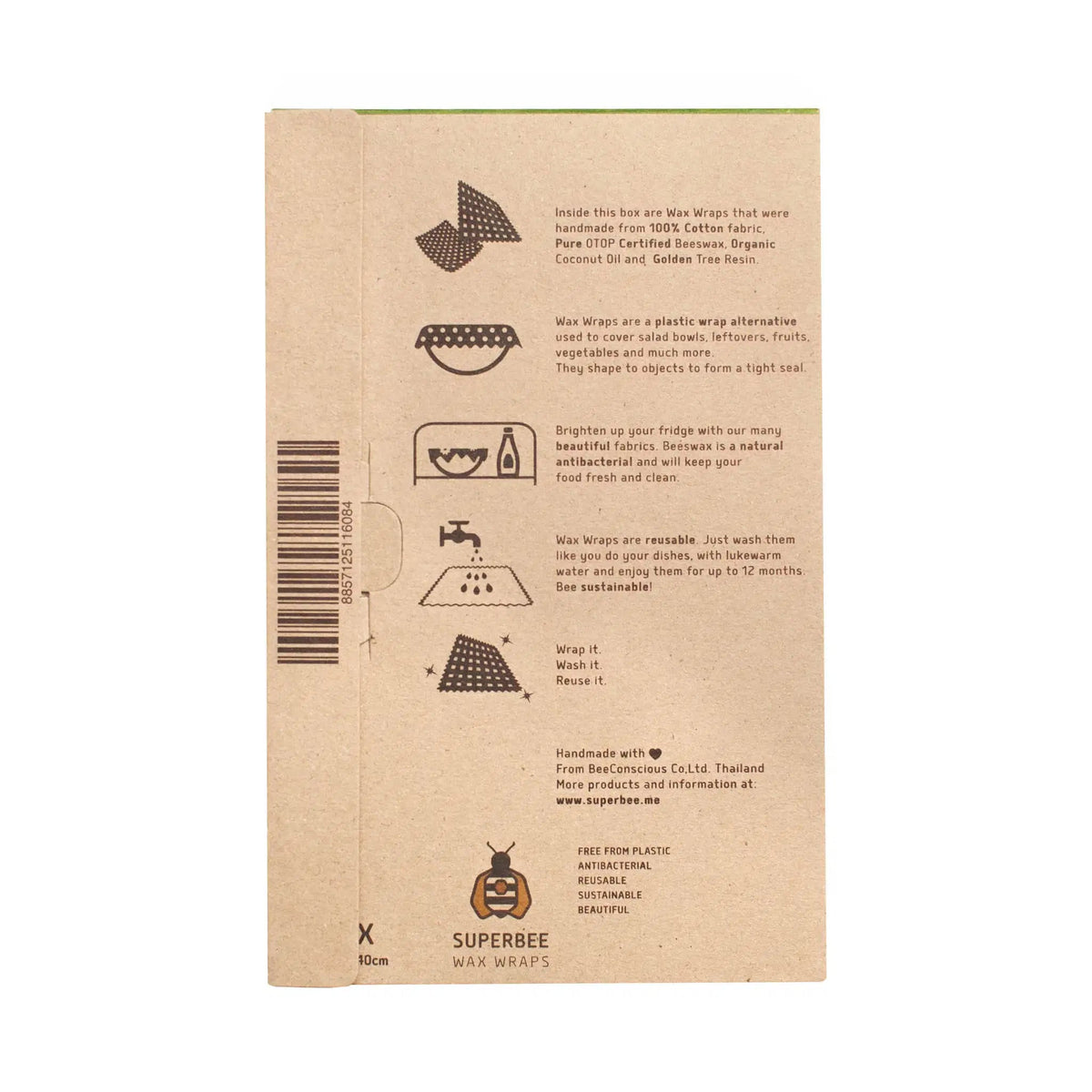 SuperBee Australia extra large organic beeswax wrap packaging back view with product information and usage icons