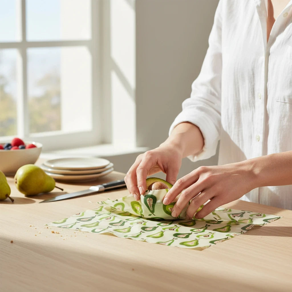 SuperBee Australia beeswax wrap roll with pear pattern being used to wrap half an avocado on a wooden kitchen table.