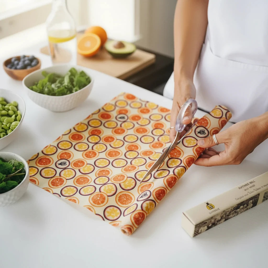 SuperBee Australia beeswax wrap roll with orange and passion fruit print being cut with scissors in a kitchen