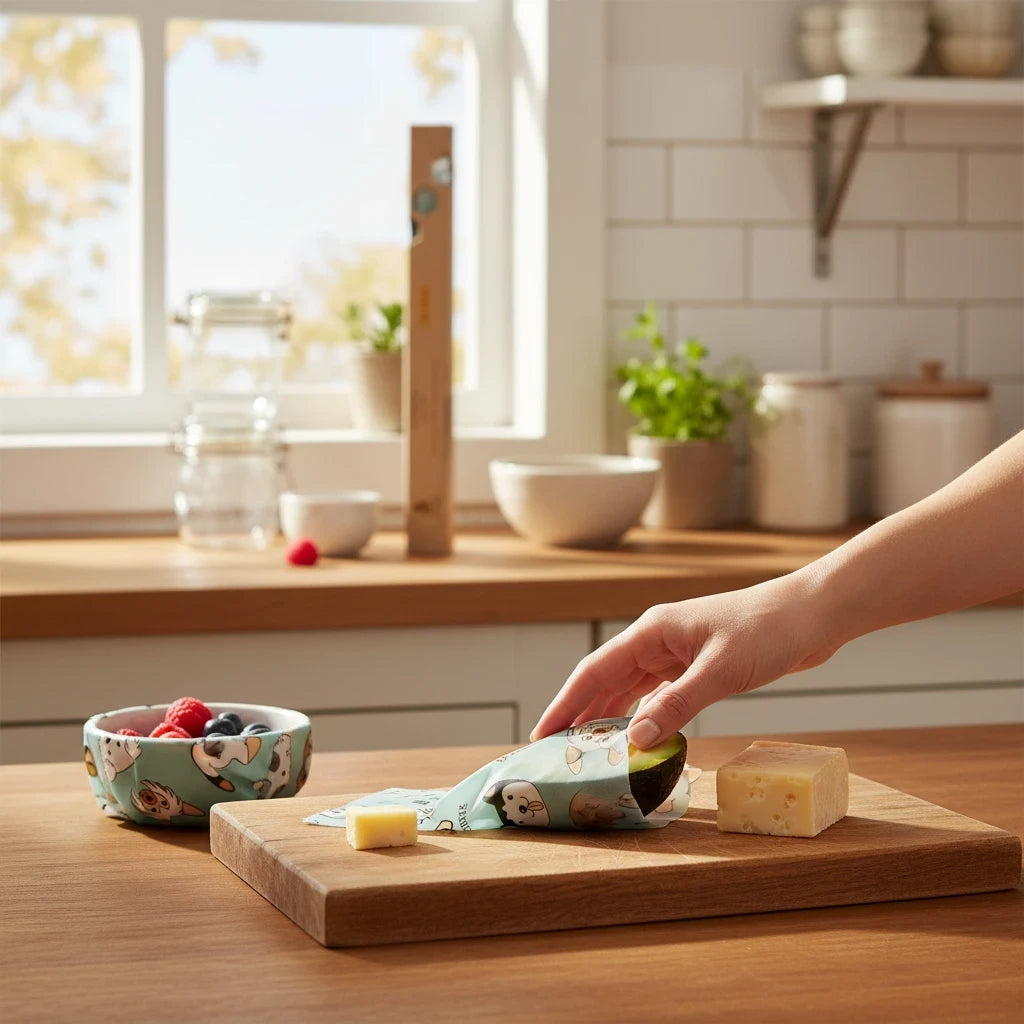 SuperBee Australia reusable beeswax wrap roll with dog print covering an avocado half on a wooden kitchen counter.