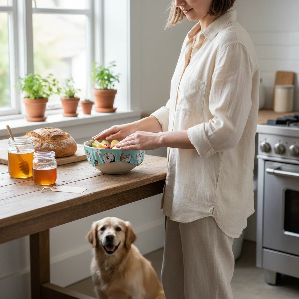 SuperBee Australia beeswax wrap roll with dog print covering a bowl of fruit in a bright, natural kitchen setting.