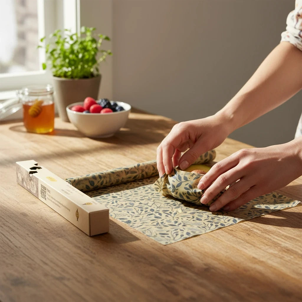 SuperBee Australia beeswax wrap roll with petite flower pattern being used to wrap food on a wooden kitchen table