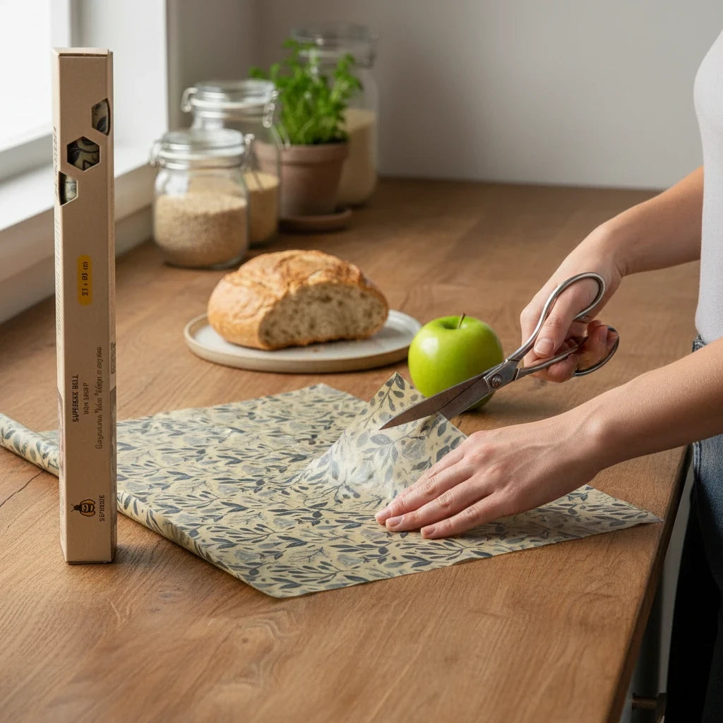 SuperBee Australia beeswax wrap roll with petite flower pattern being cut with scissors on a wooden kitchen counter.
