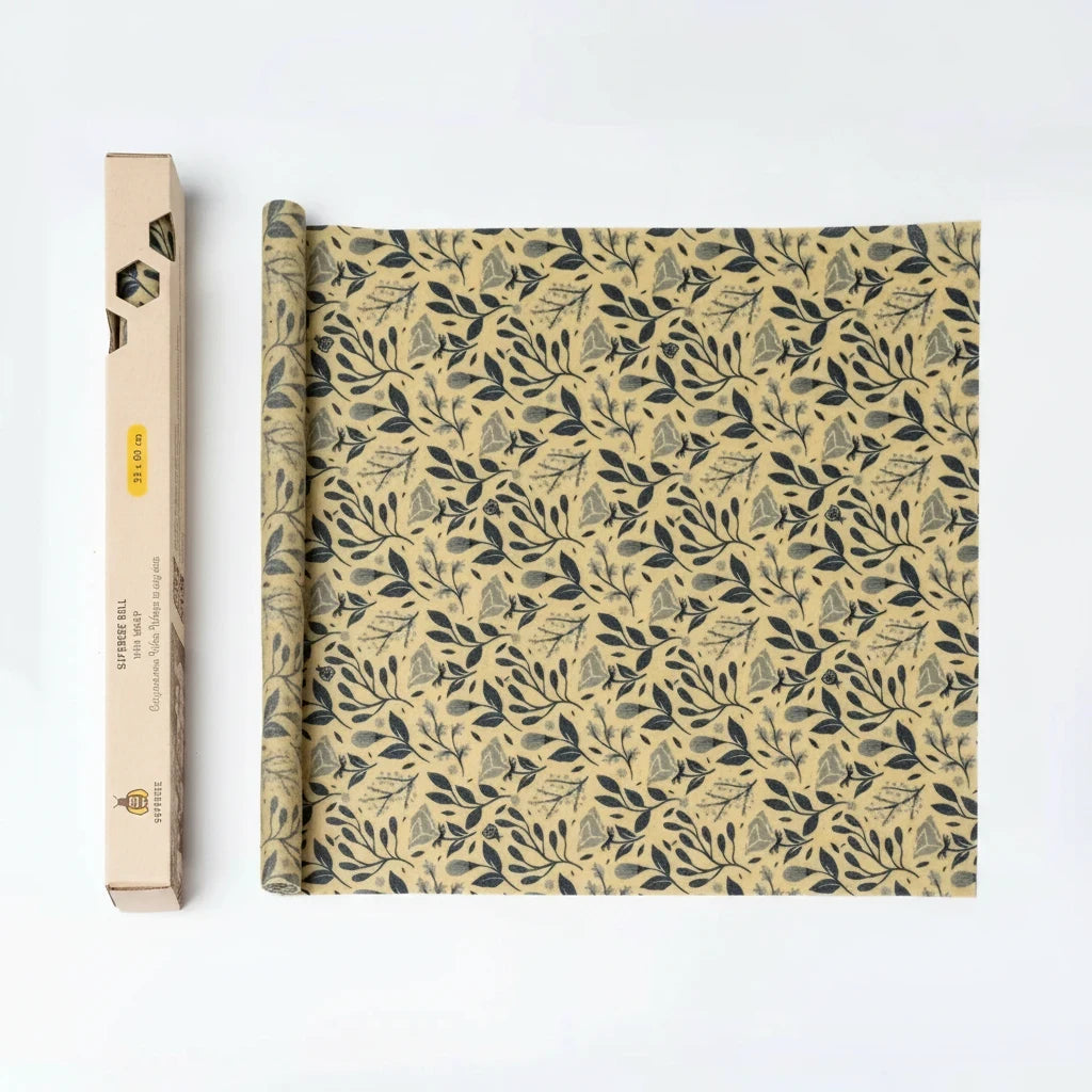 SuperBee Australia beeswax wrap roll with a petite flower pattern, shown next to its eco-friendly cardboard box.