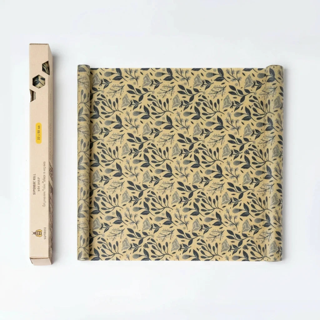 SuperBee Australia beeswax wrap roll with a petite flower pattern in beige and dark grey for sustainable food storage
