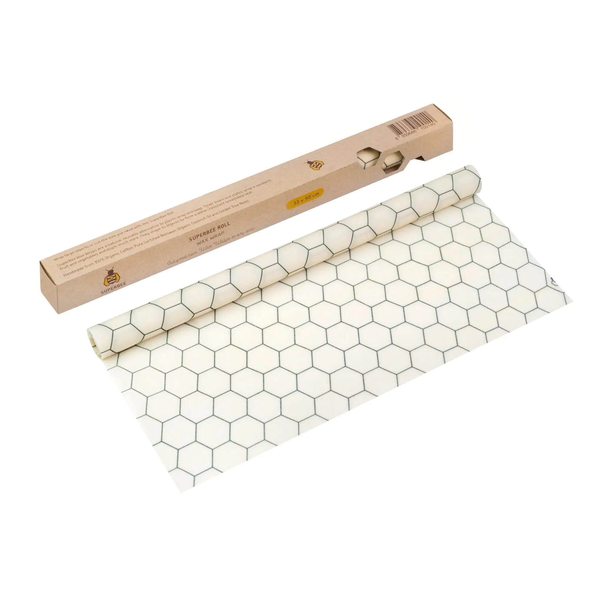 SuperBee Australia beeswax wrap roll with a white and black hexagon pattern, sustainable food storage alternative.