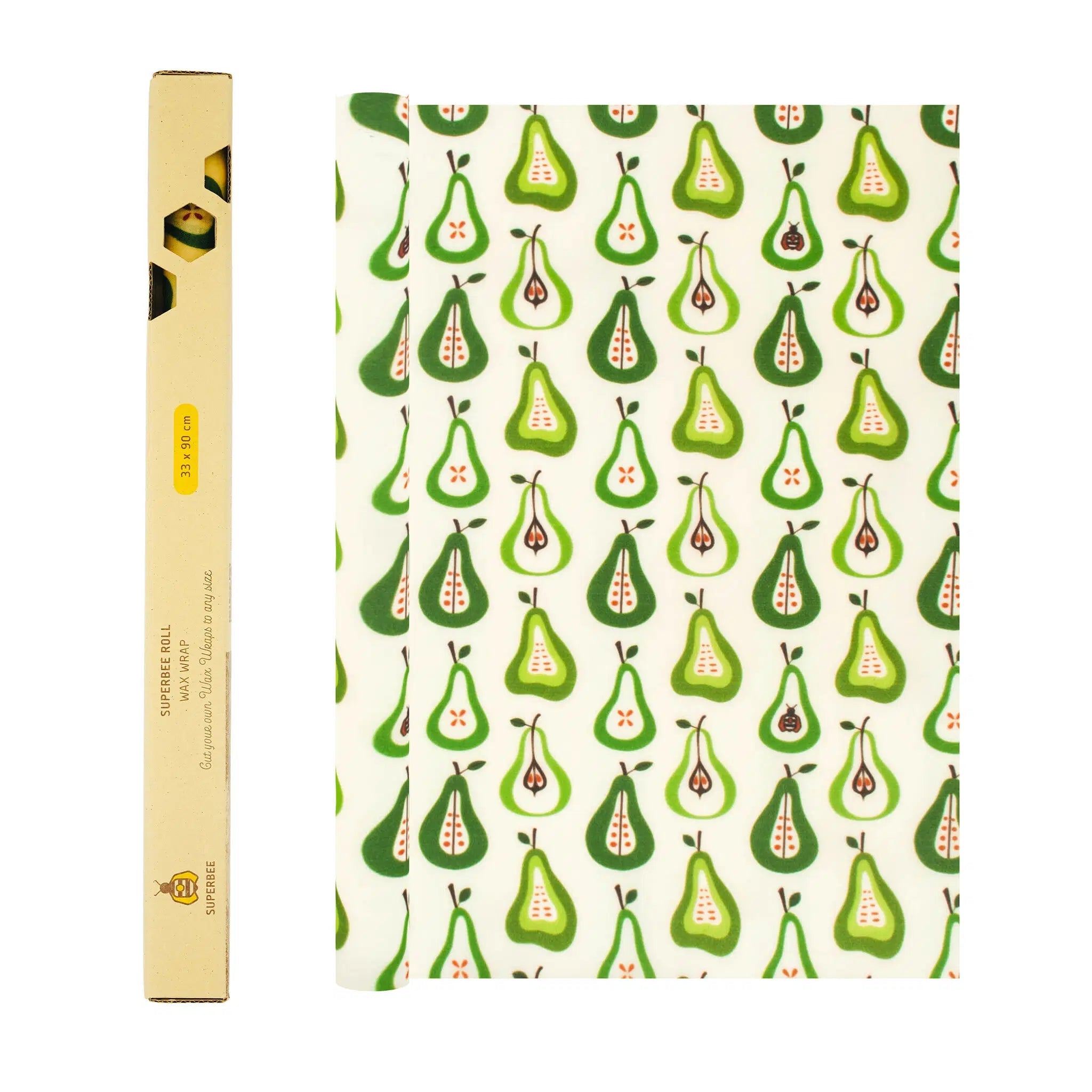SuperBee Australia beeswax wrap roll featuring a green and white pear pattern for sustainable food storage