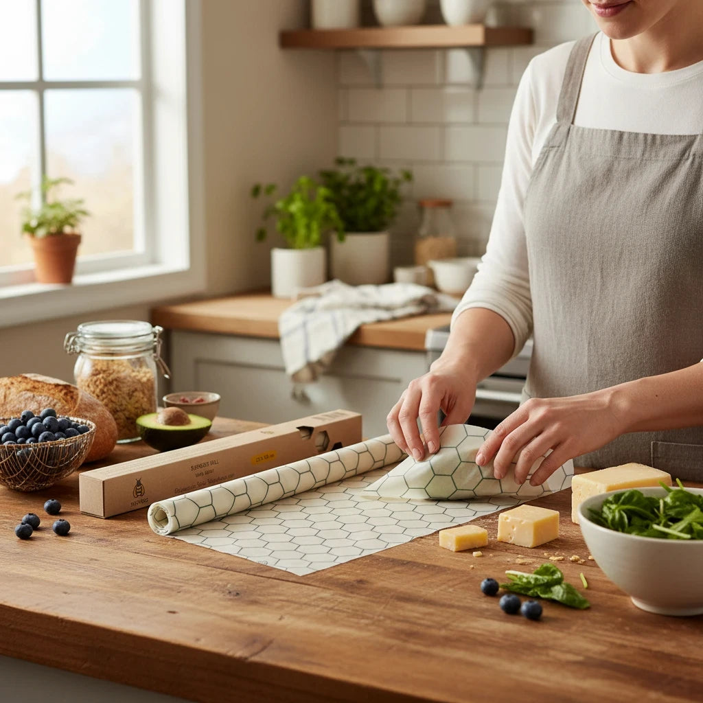 SuperBee Australia beeswax wrap roll with a hexagonal pattern being used to wrap food in a bright, rustic kitchen.