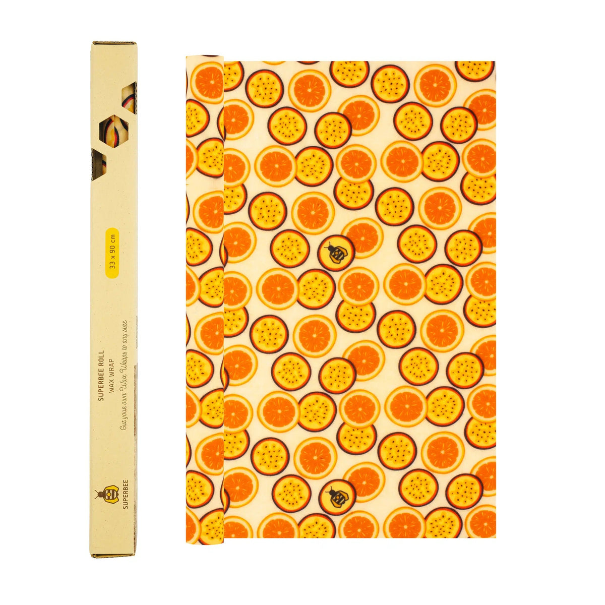 SuperBee Australia beeswax wrap roll featuring a vibrant passion fruit and orange slice pattern on a cream background.