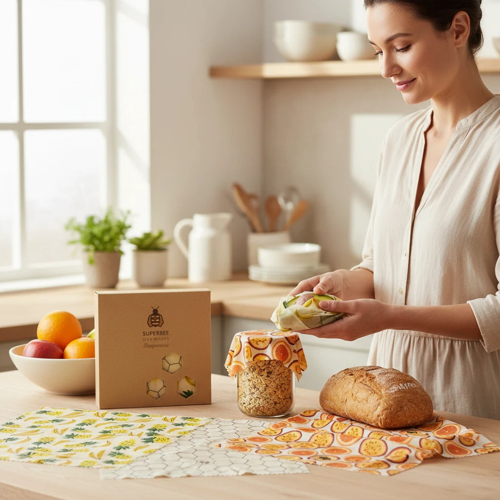 SuperBee Australia Beeginner Set beeswax wraps with fruit patterns covering a jar and bread on a kitchen counter.