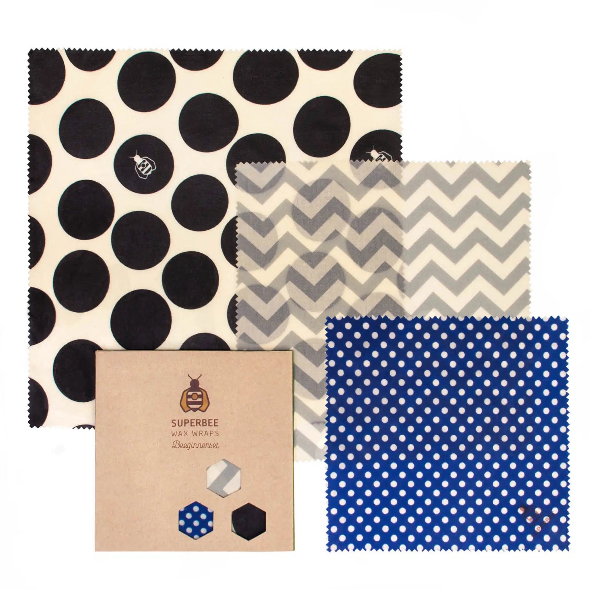 SuperBee Australia beeswax wrap Beeginner set with three patterned cotton wraps and eco-friendly cardboard packaging