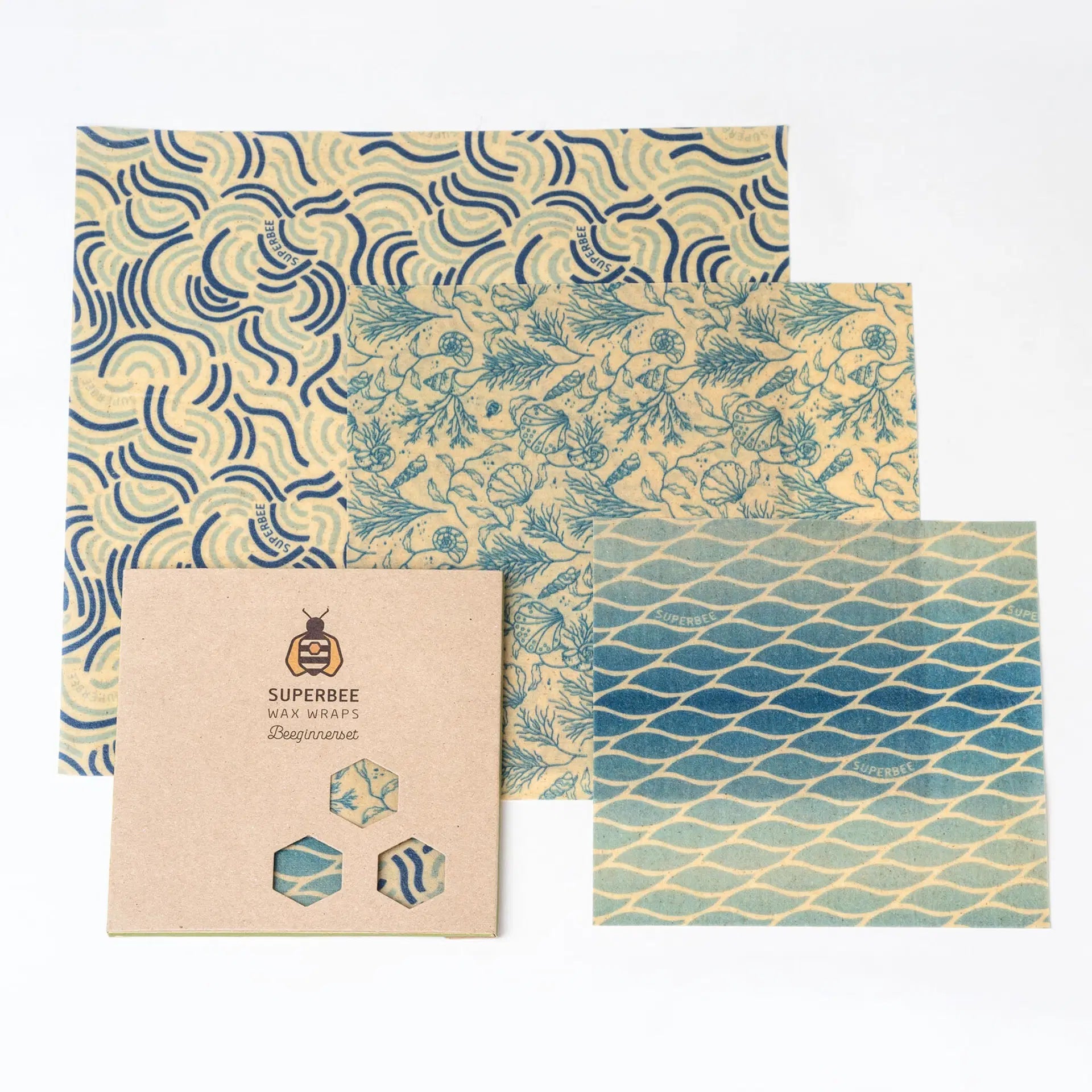 SuperBee Australia beeswax wrap Beeginner Set in Ocean Action print with three assorted sizes and cardboard packaging