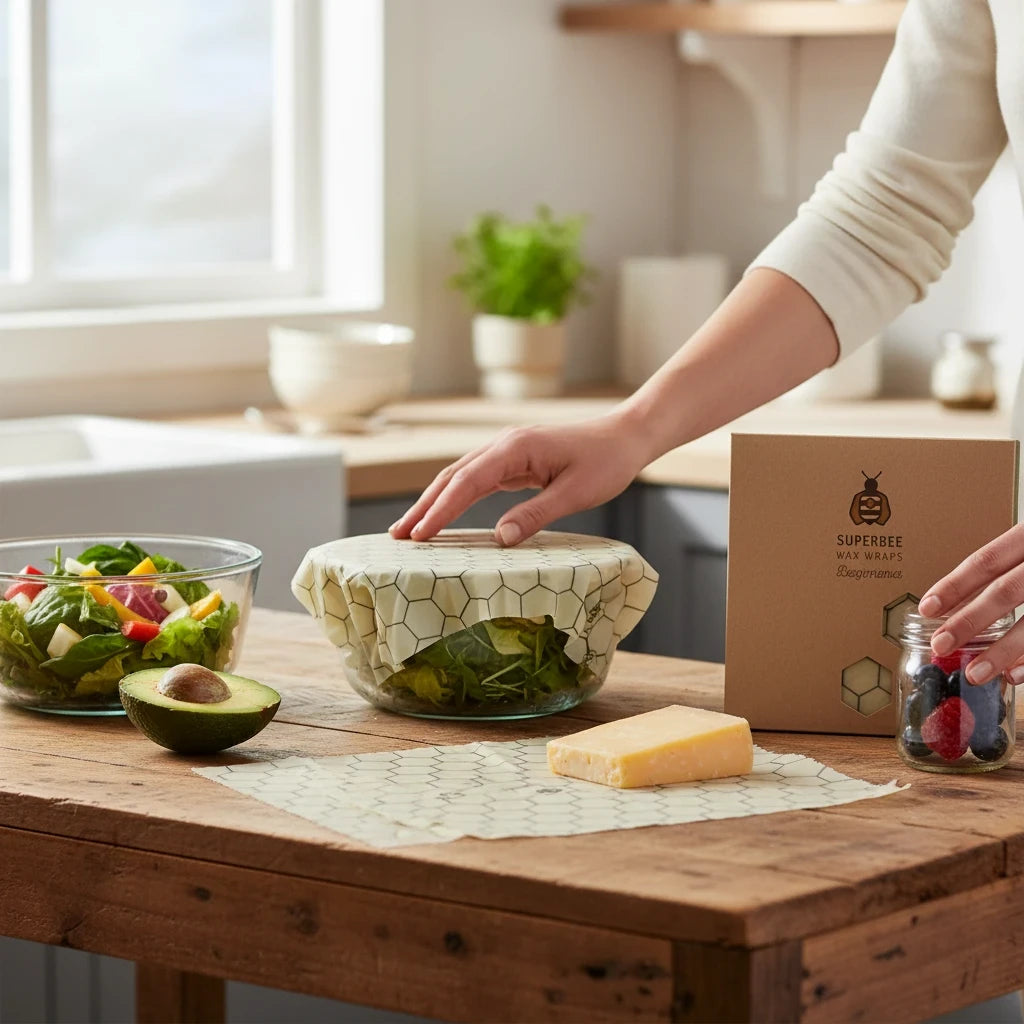 SuperBee Australia beeswax wrap set with hexagon pattern covering a bowl of salad on a rustic wooden kitchen table.