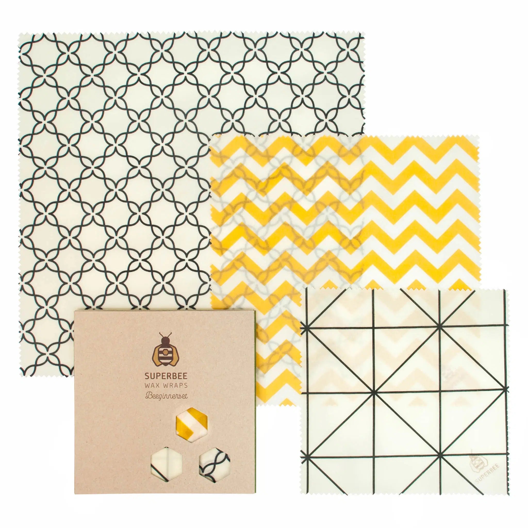 SuperBee Australia Beeginner Set of three patterned beeswax wraps with cardboard packaging for sustainable food storage