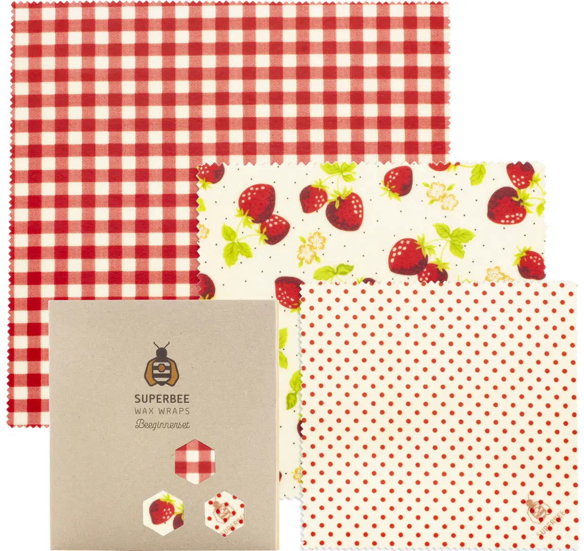 SuperBee Australia Beeginner Set beeswax wraps in red gingham, strawberry print, and red polka dot patterns.