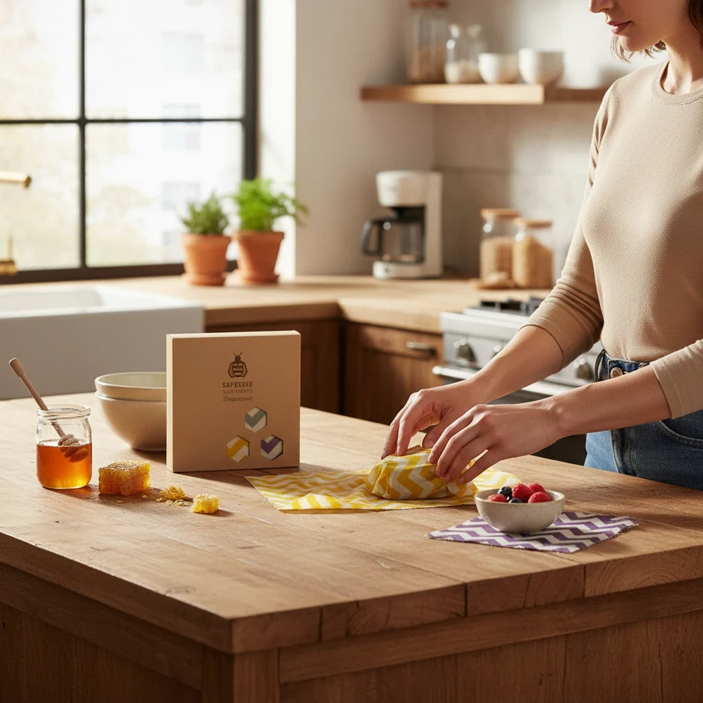 SuperBee Australia Beeginner Set beeswax wraps in yellow and purple zig zag patterns on a wooden kitchen counter.