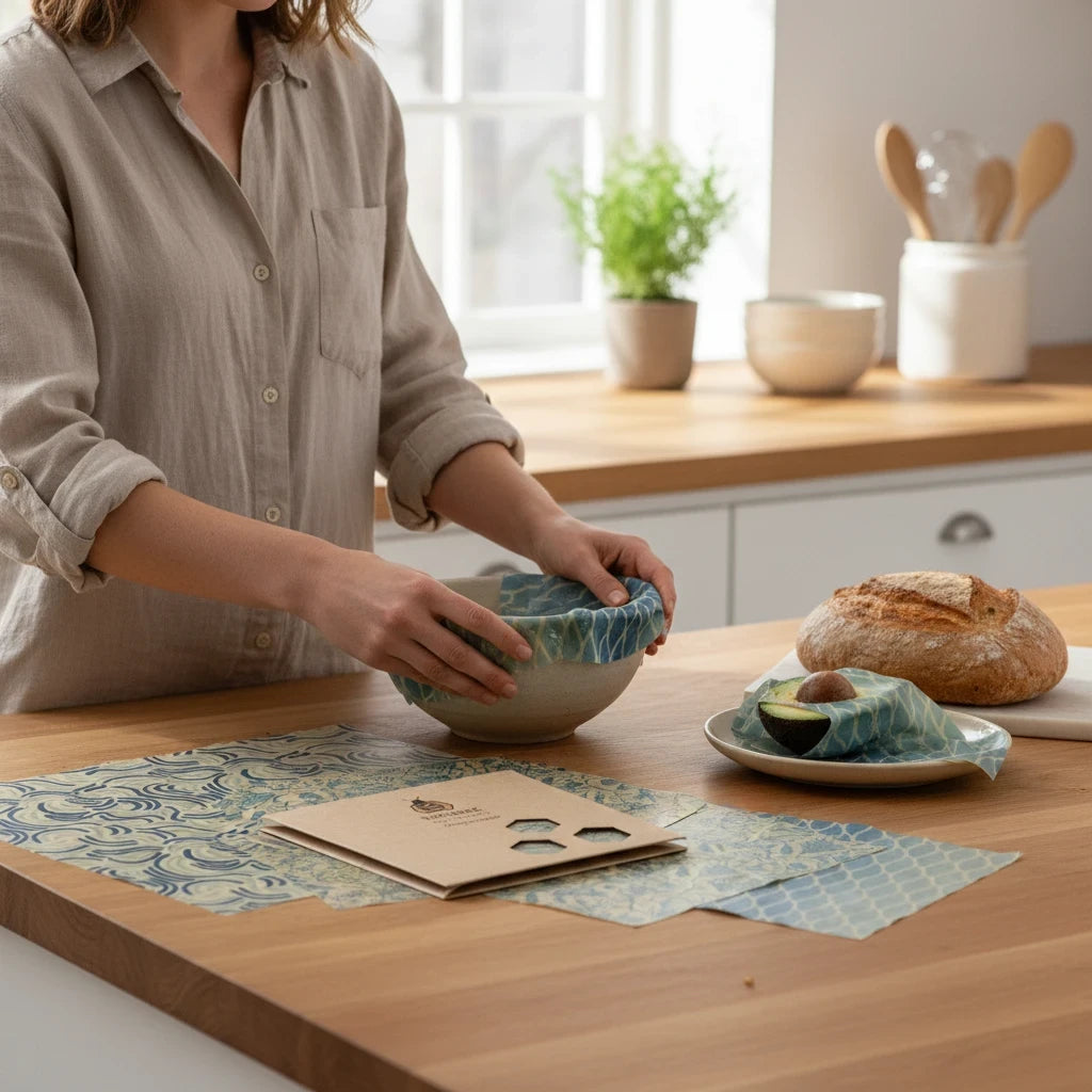 SuperBee Australia Beeginner Set beeswax wraps in Ocean Action print covering a bowl and avocado on a kitchen counter