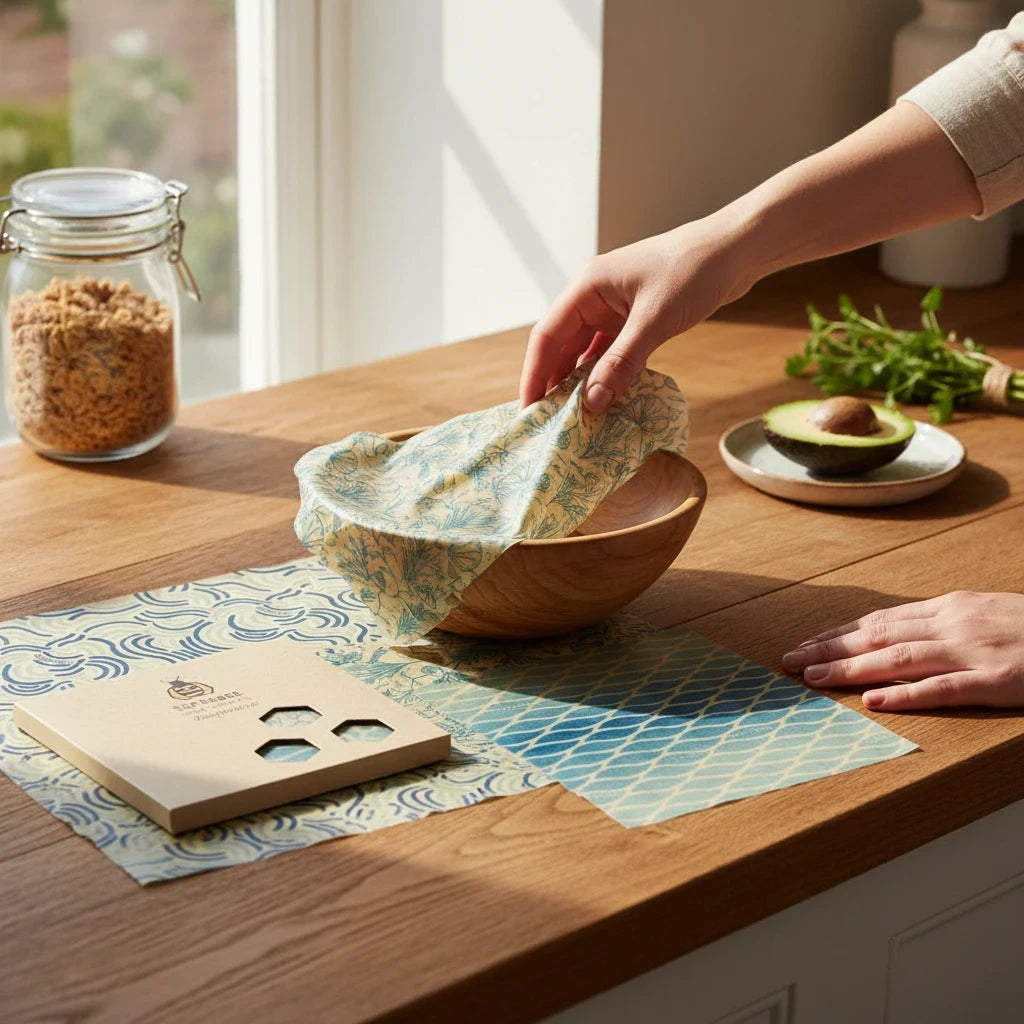 SuperBee Australia beeswax wrap set in Ocean Action print covering a wooden bowl on a kitchen counter.