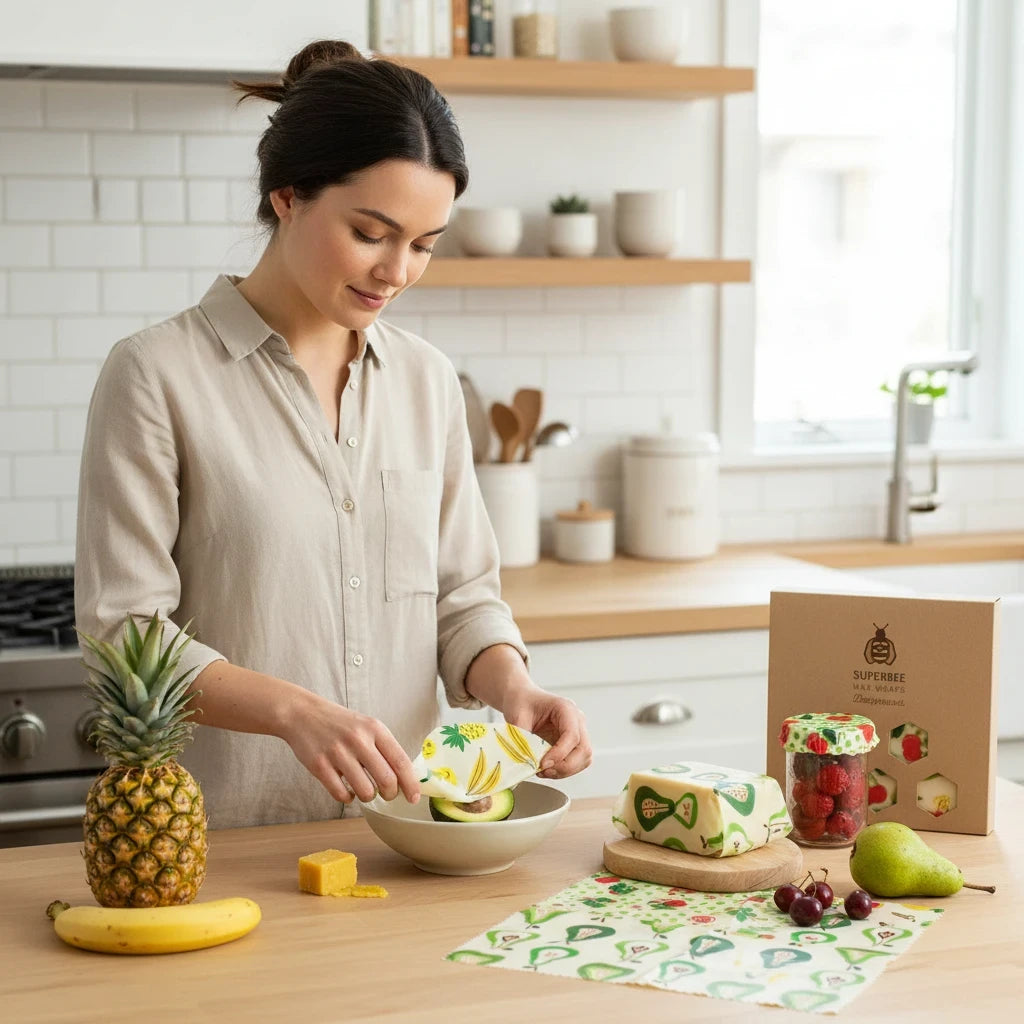 SuperBee Australia Beeginner Set beeswax wraps with fruit print covering an avocado and bowl in a bright kitchen