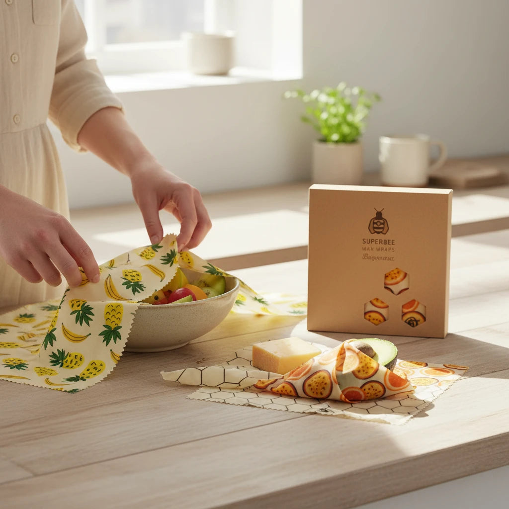 SuperBee Australia beeswax wrap starter set with pineapple and fruit prints covering a bowl and food on a table