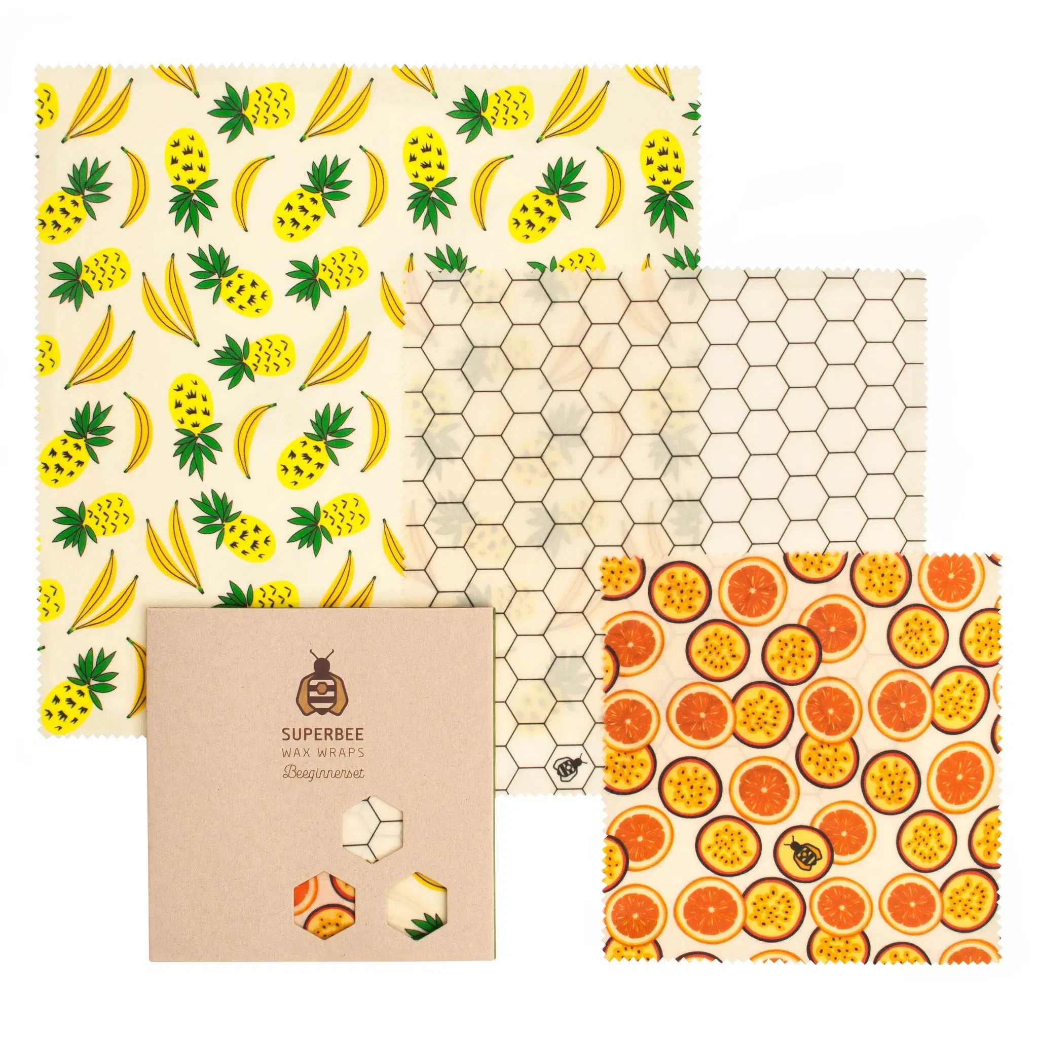 SuperBee Australia Beeginner Set of three beeswax wraps featuring pineapple, honeycomb, and citrus fruit patterns.
