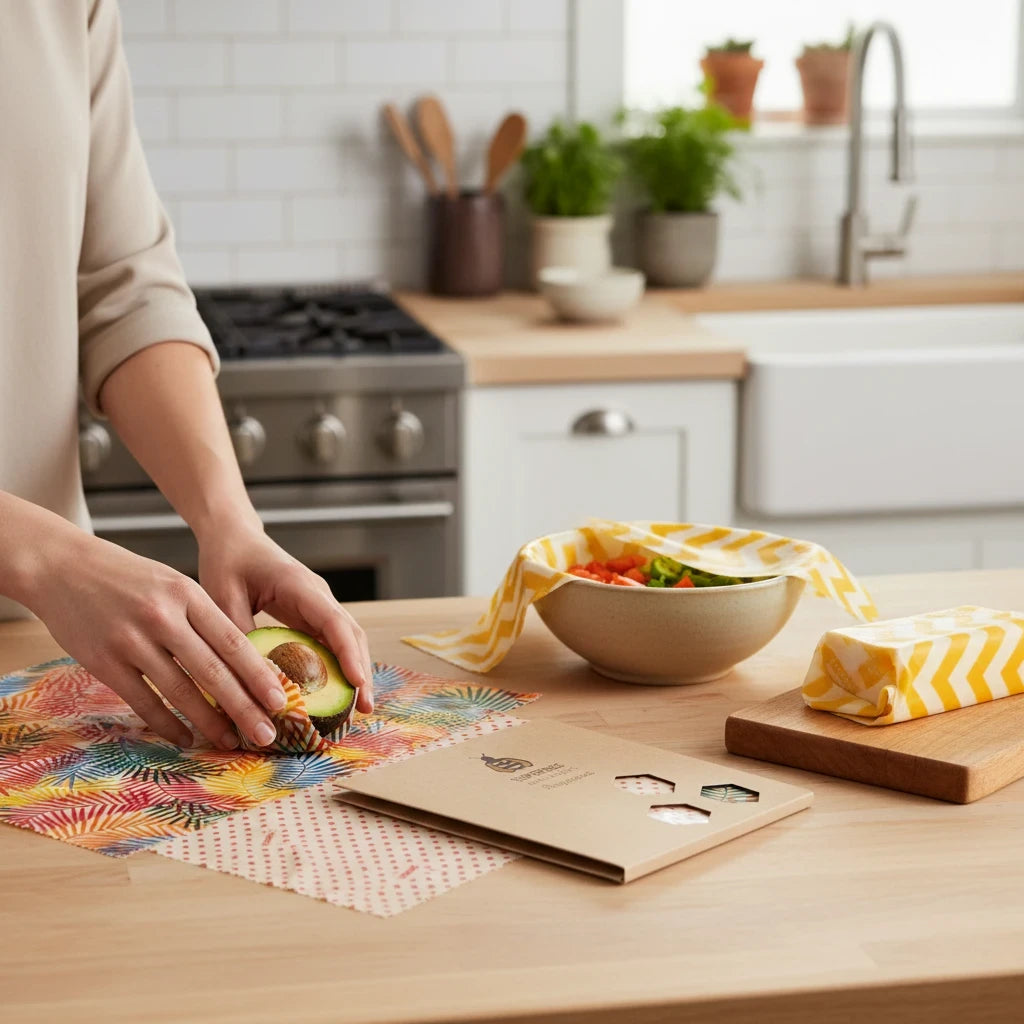 SuperBee Australia beeswax wraps in Tropical Paradise print covering an avocado and bowl in a bright kitchen setting.