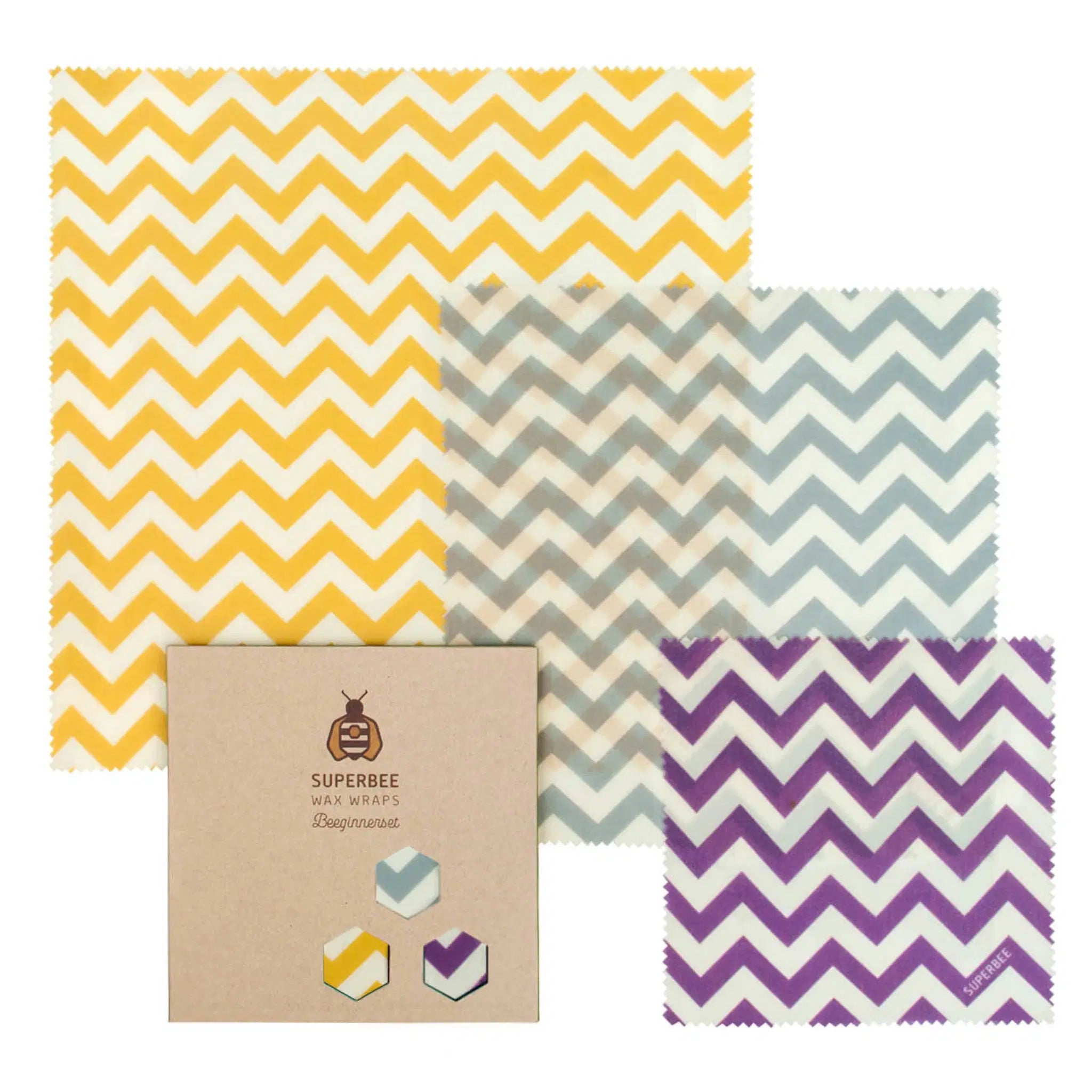 SuperBee Australia Beeginner set of three reusable beeswax wraps with yellow, grey, and purple zig zag patterns.