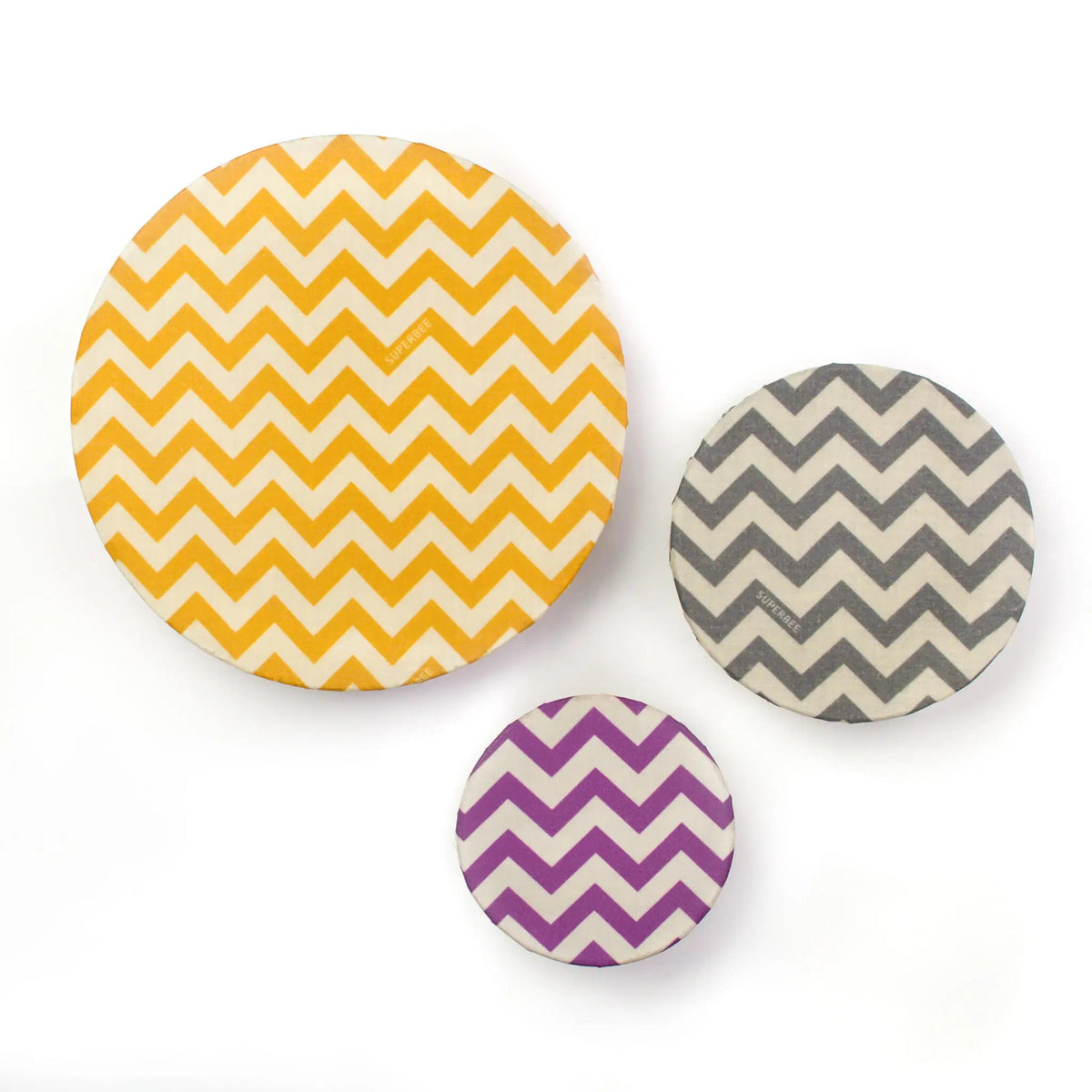 SuperBee Australia beeswax wrap Beeginner set featuring three round wraps with yellow, grey, and purple zig zag patterns