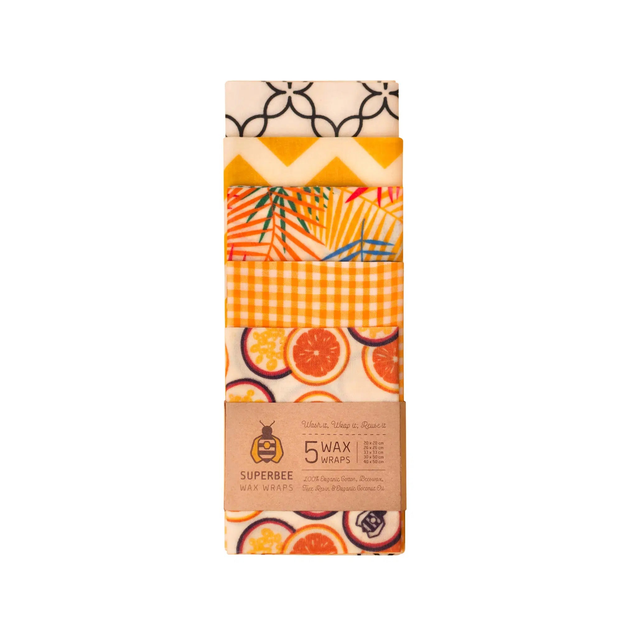 SuperBee Australia 5-pack of reusable organic cotton beeswax wraps in assorted colourful fruit and geometric prints