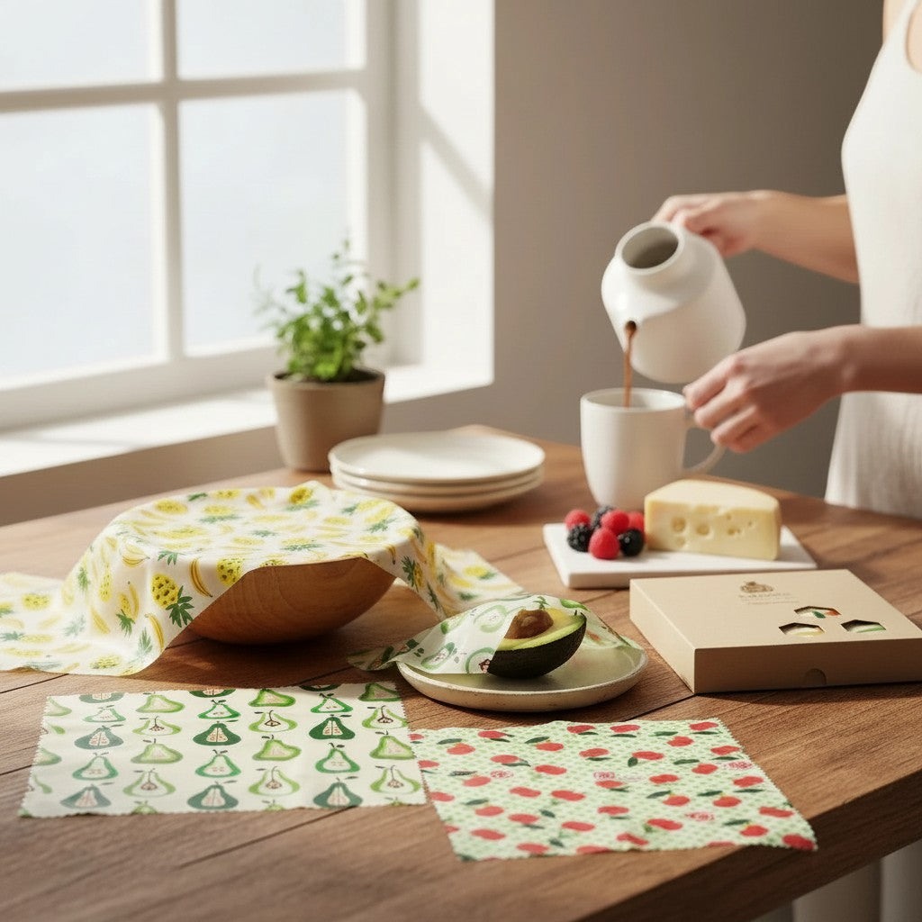 SuperBee Australia beeswax wrap set with fruit patterns covering a wooden bowl, avocado, and fresh food on a table.