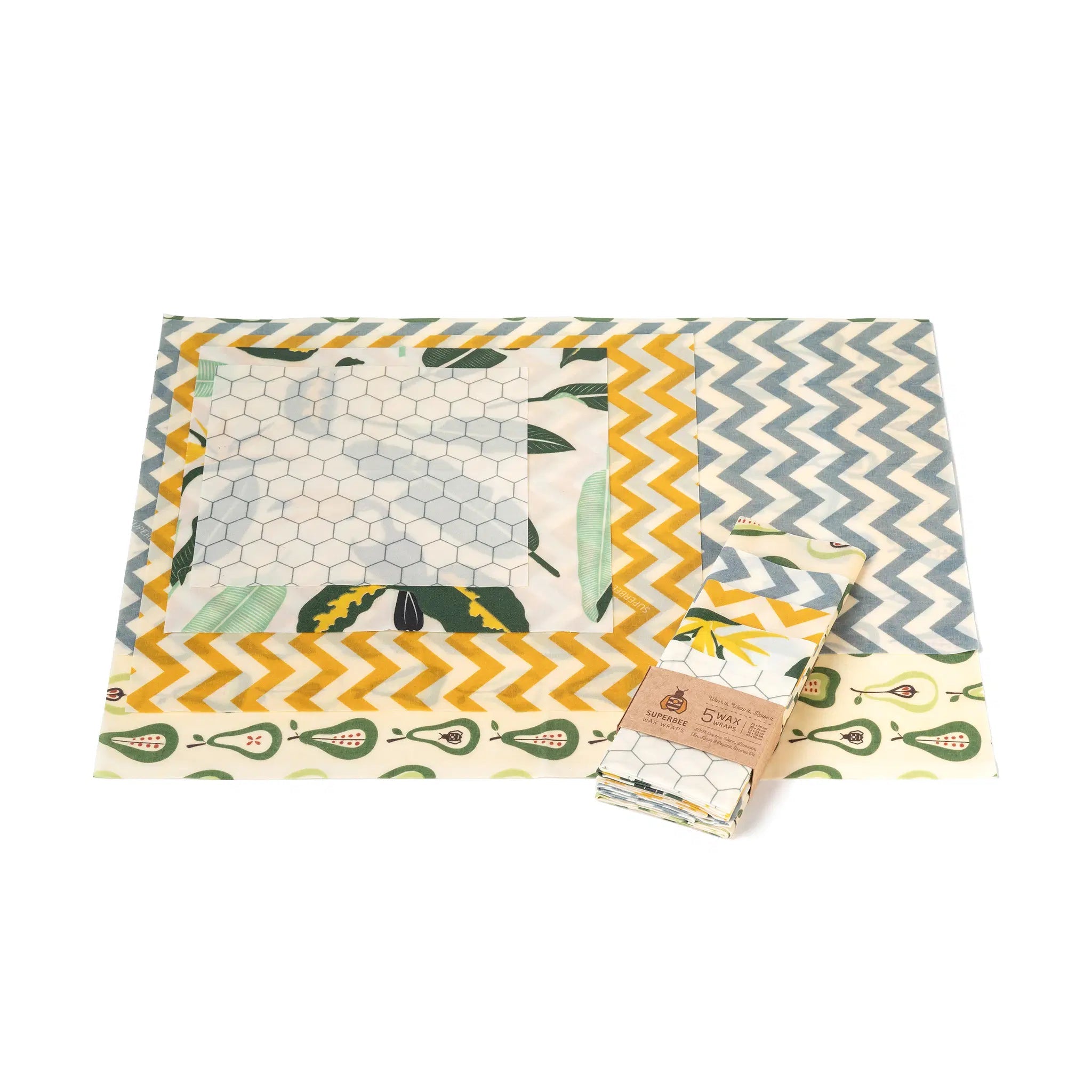 SuperBee Australia 5-pack beeswax wraps featuring assorted colourful prints like pears, chevron, and botanical patterns.