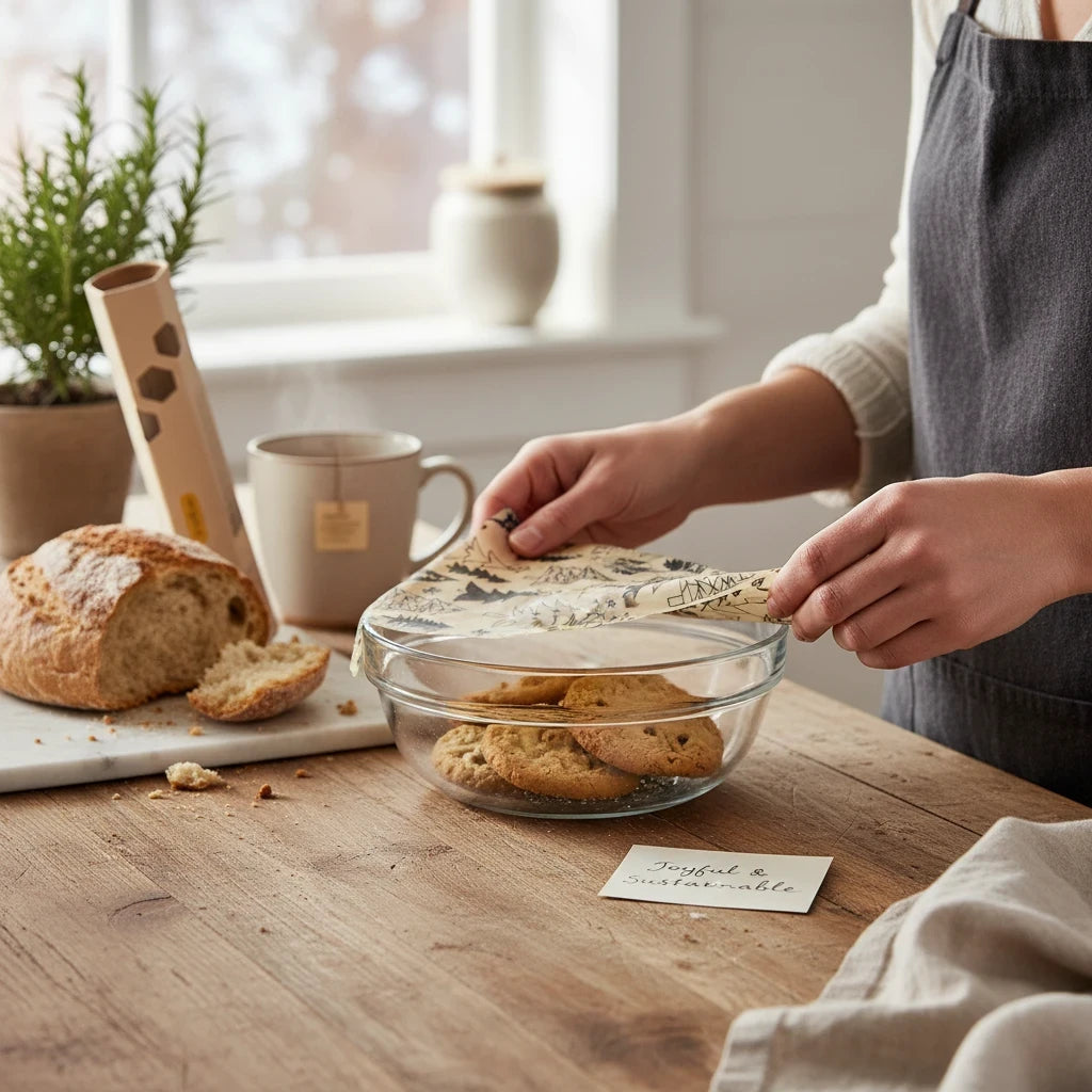 SuperBee Australia beeswax wrap roll in a black and white Christmas print covering a glass bowl of cookies.
