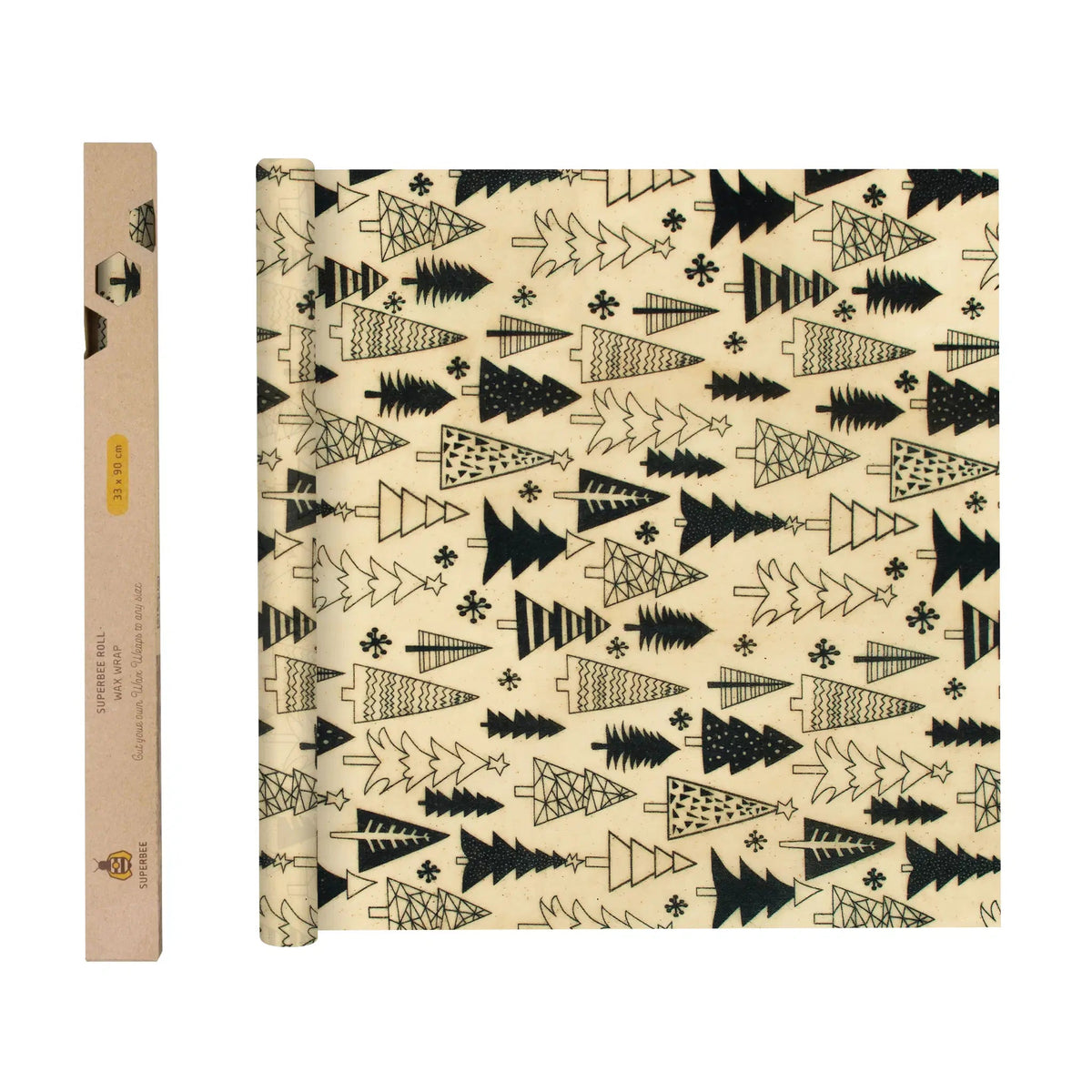 SuperBee Australia beeswax wrap roll with black and white Christmas tree pattern on natural cotton fabric